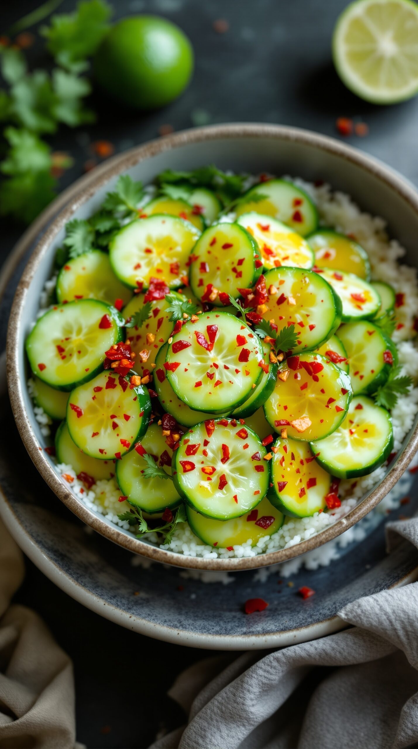 A bowl of Asian cucumber salad topped with chili oil and garnished with cilantro and sesame seeds.