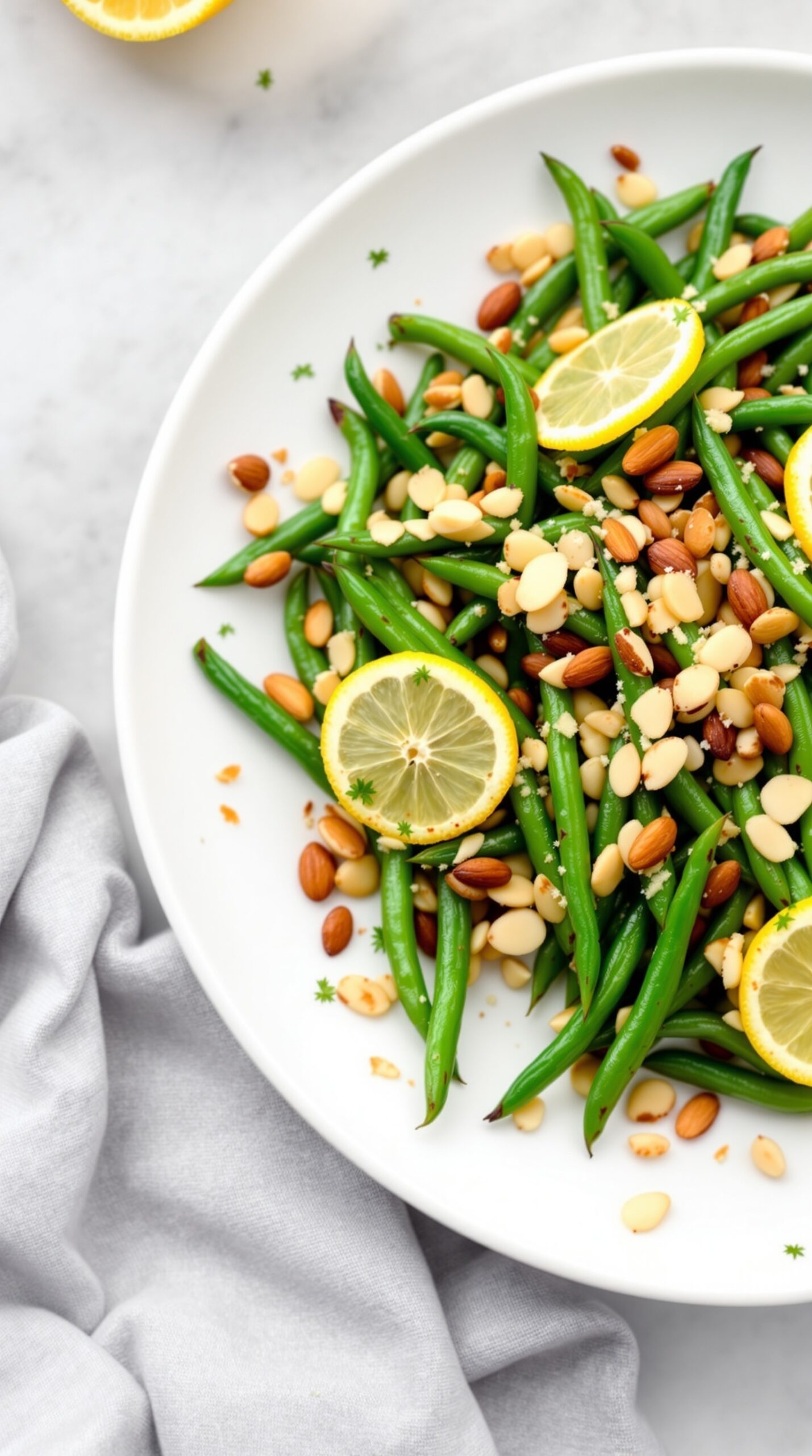 A plate of green bean almondine with lemon slices and almonds