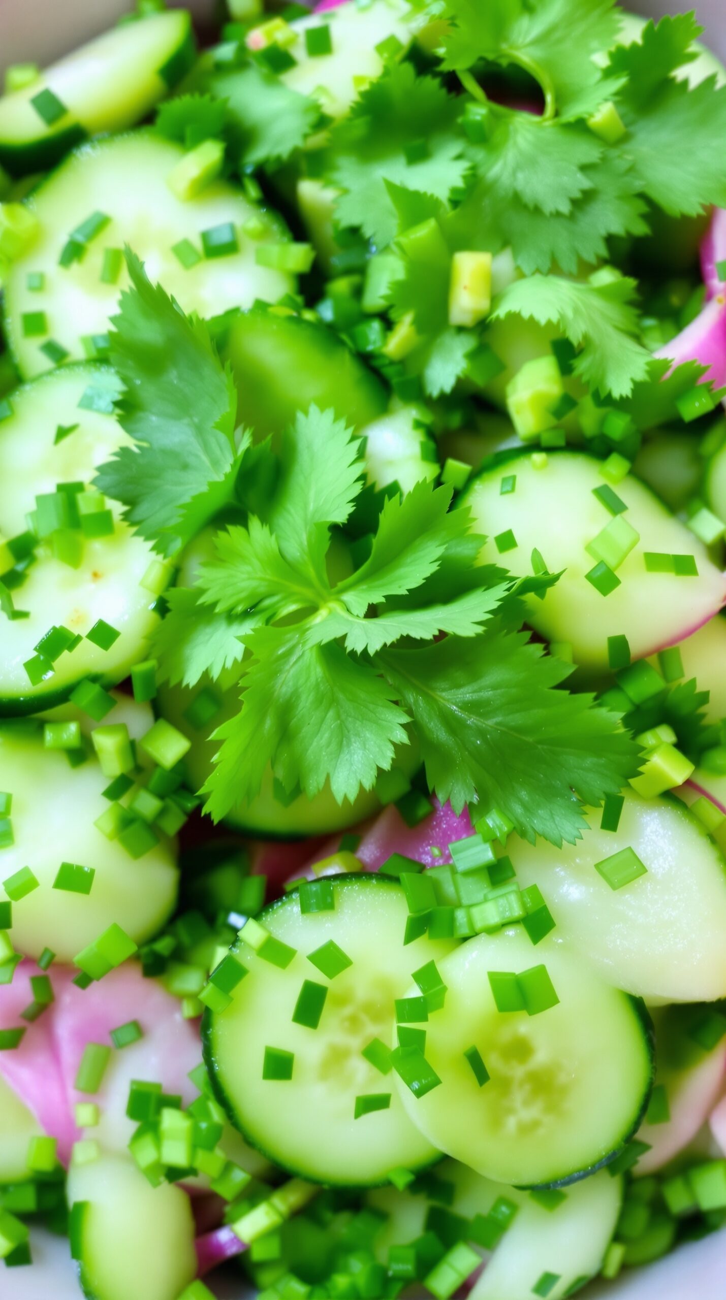 A close-up of a fresh Asian cucumber salad with sliced cucumbers, cilantro, and green onions.