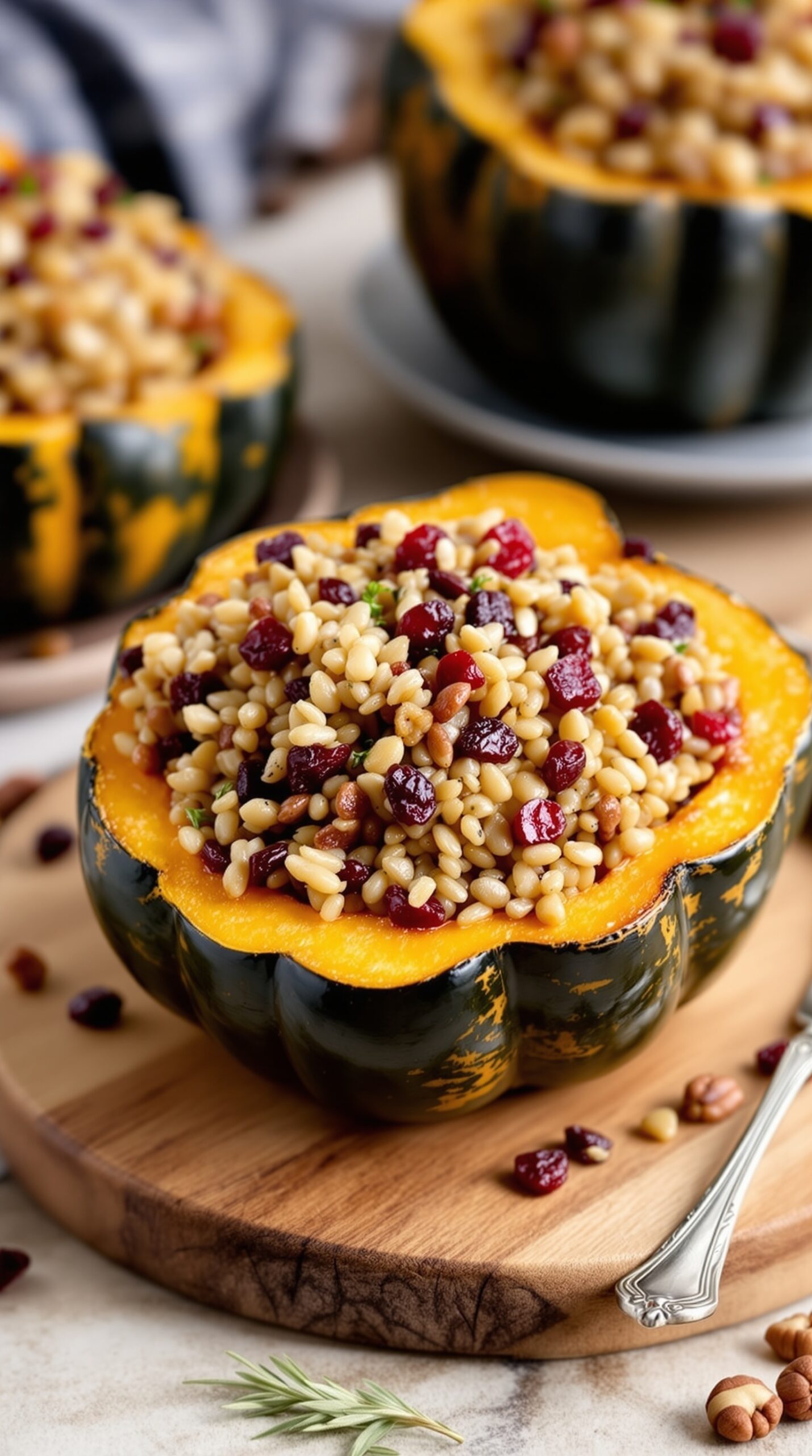 Stuffed acorn squash filled with wild rice, cranberries, and nuts on a wooden platter.