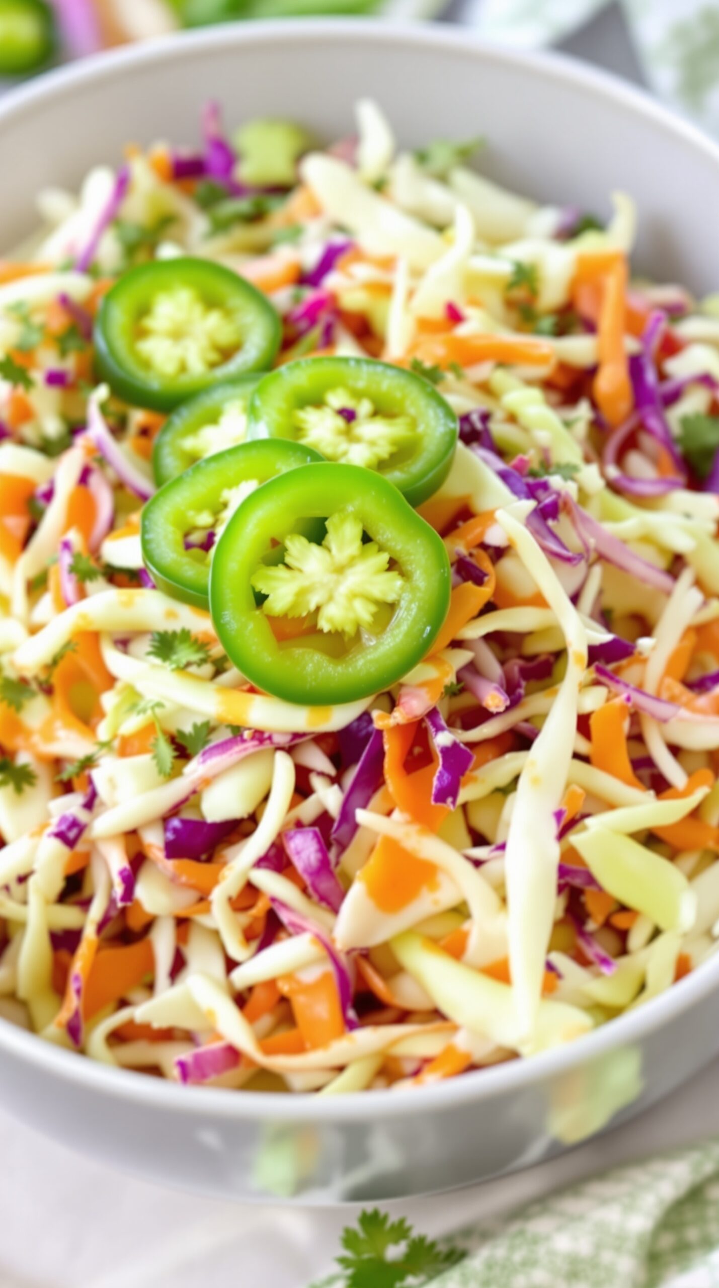 A colorful bowl of spicy cabbage slaw with jalapeños, featuring green and red cabbage, shredded carrots, and fresh cilantro.