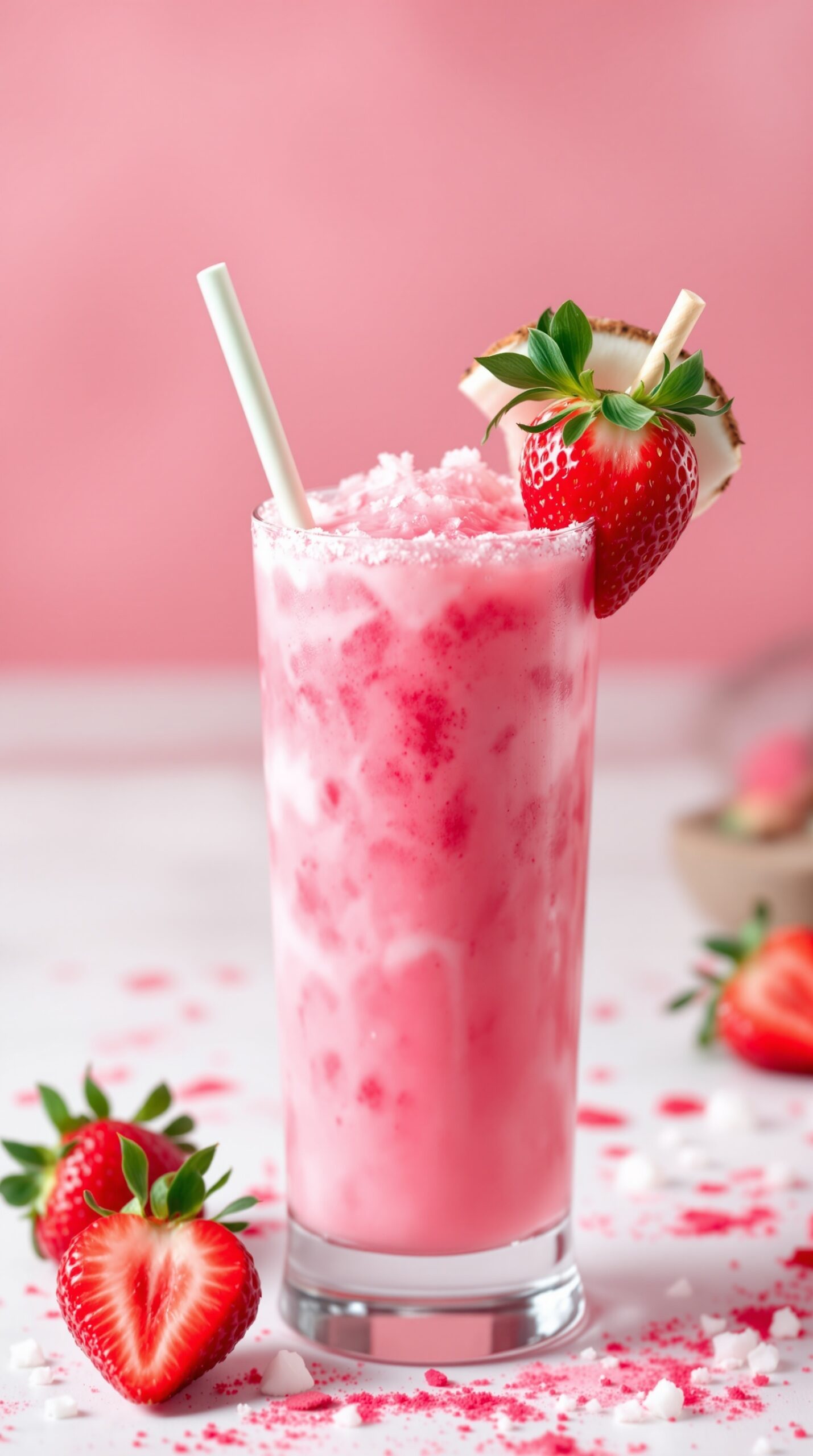 A refreshing pink drink made with strawberries and coconut, garnished with a fresh strawberry and coconut flakes.