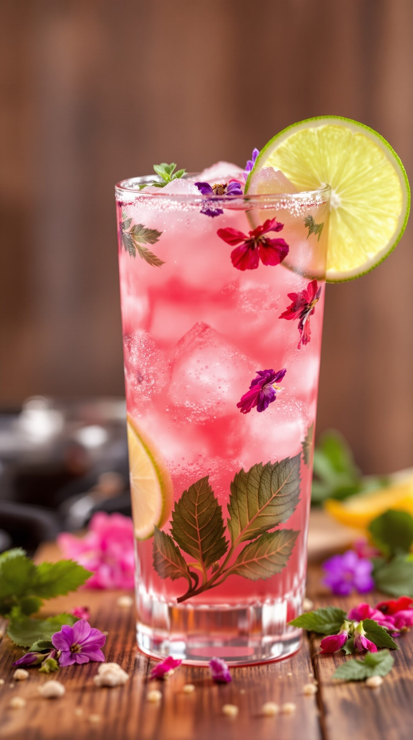 A refreshing Tropical Hibiscus Iced Tea served in a tall glass, garnished with lime slices and colorful flowers.