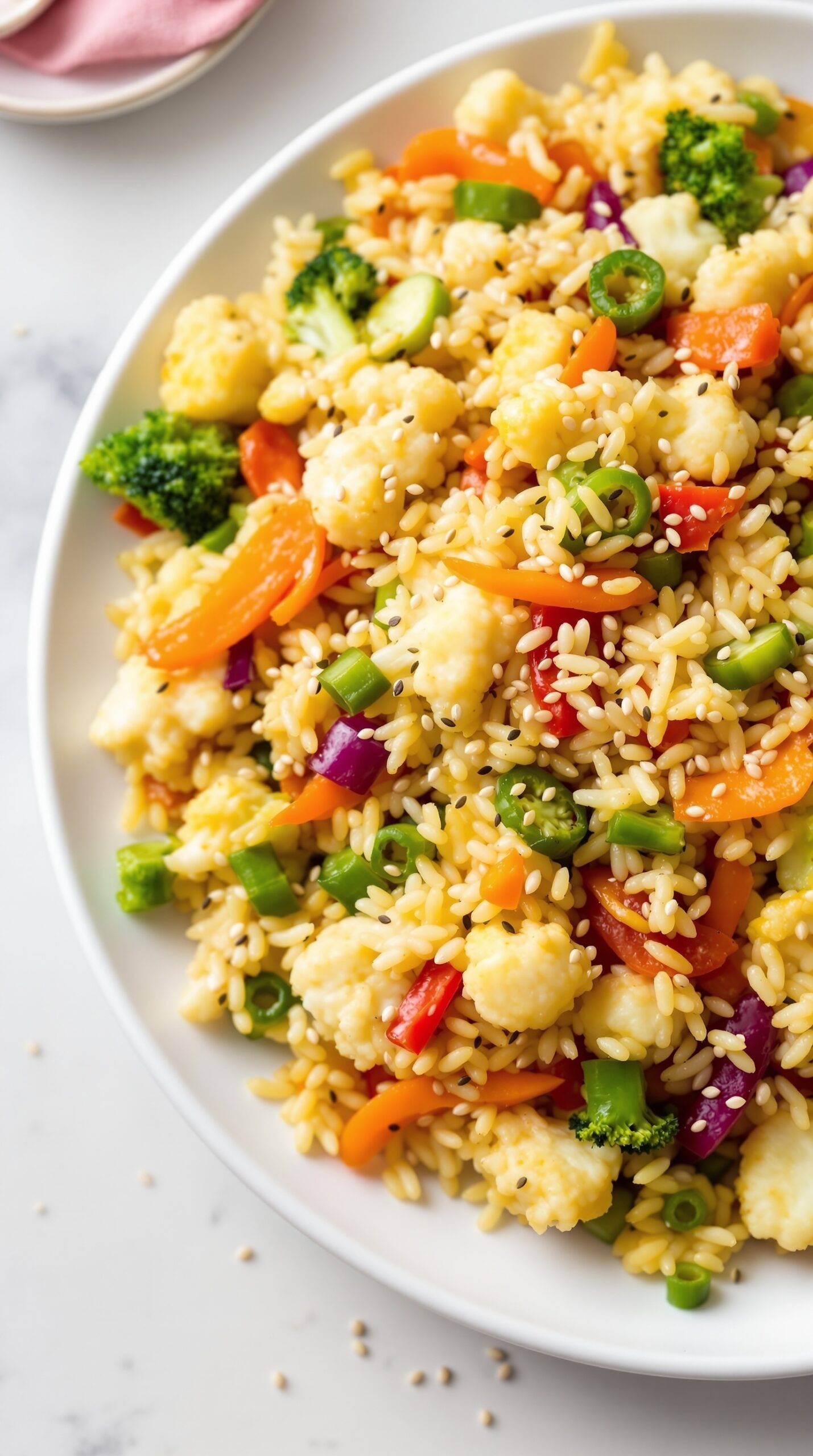 A colorful plate of cauliflower fried rice with mixed vegetables.