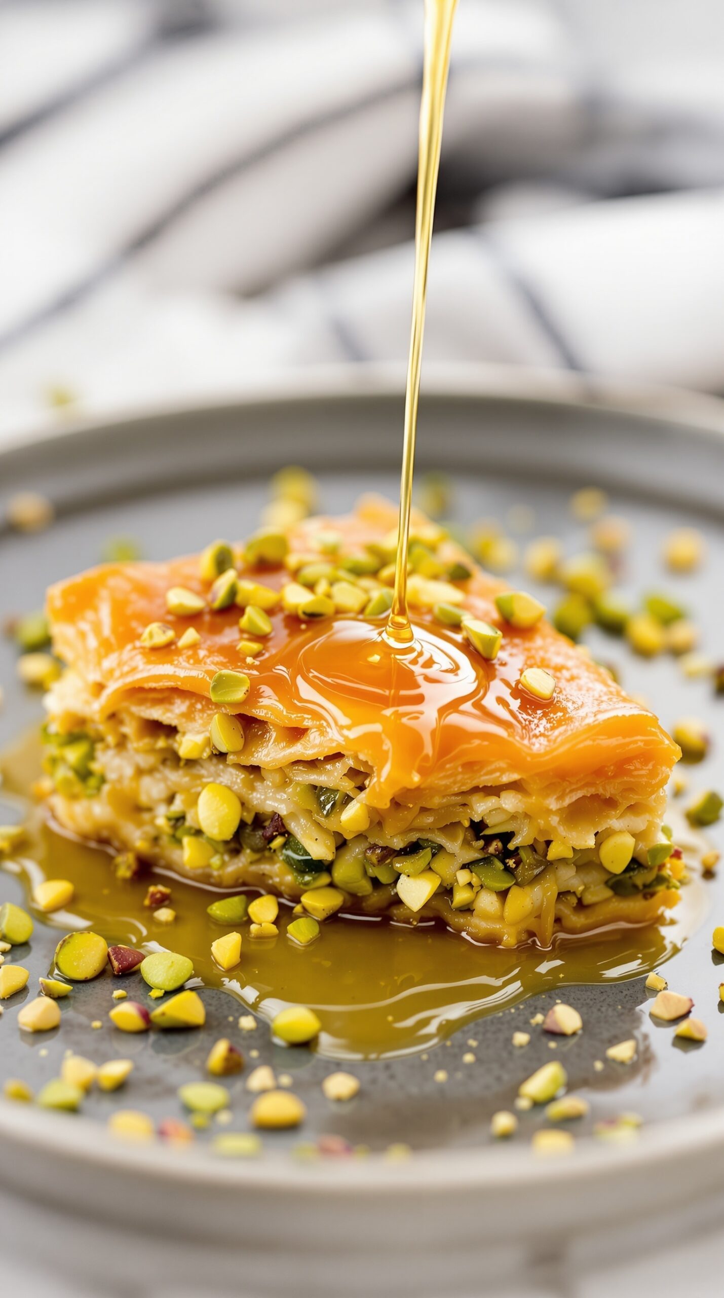 A piece of pistachio baklava drizzled with honey syrup, garnished with chopped pistachios.