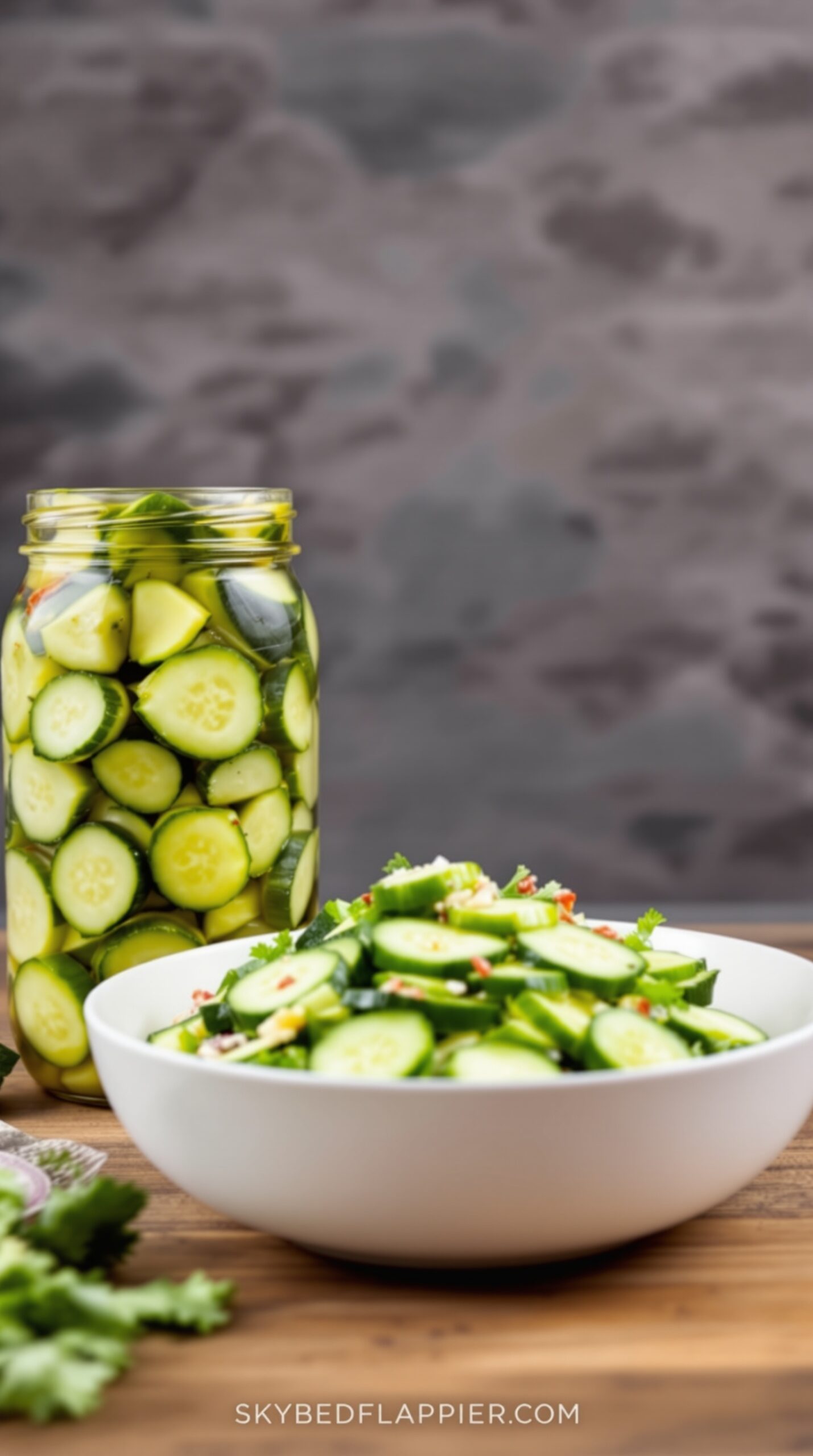A jar of pickled cucumbers next to a bowl of fresh cucumber salad on a wooden table.