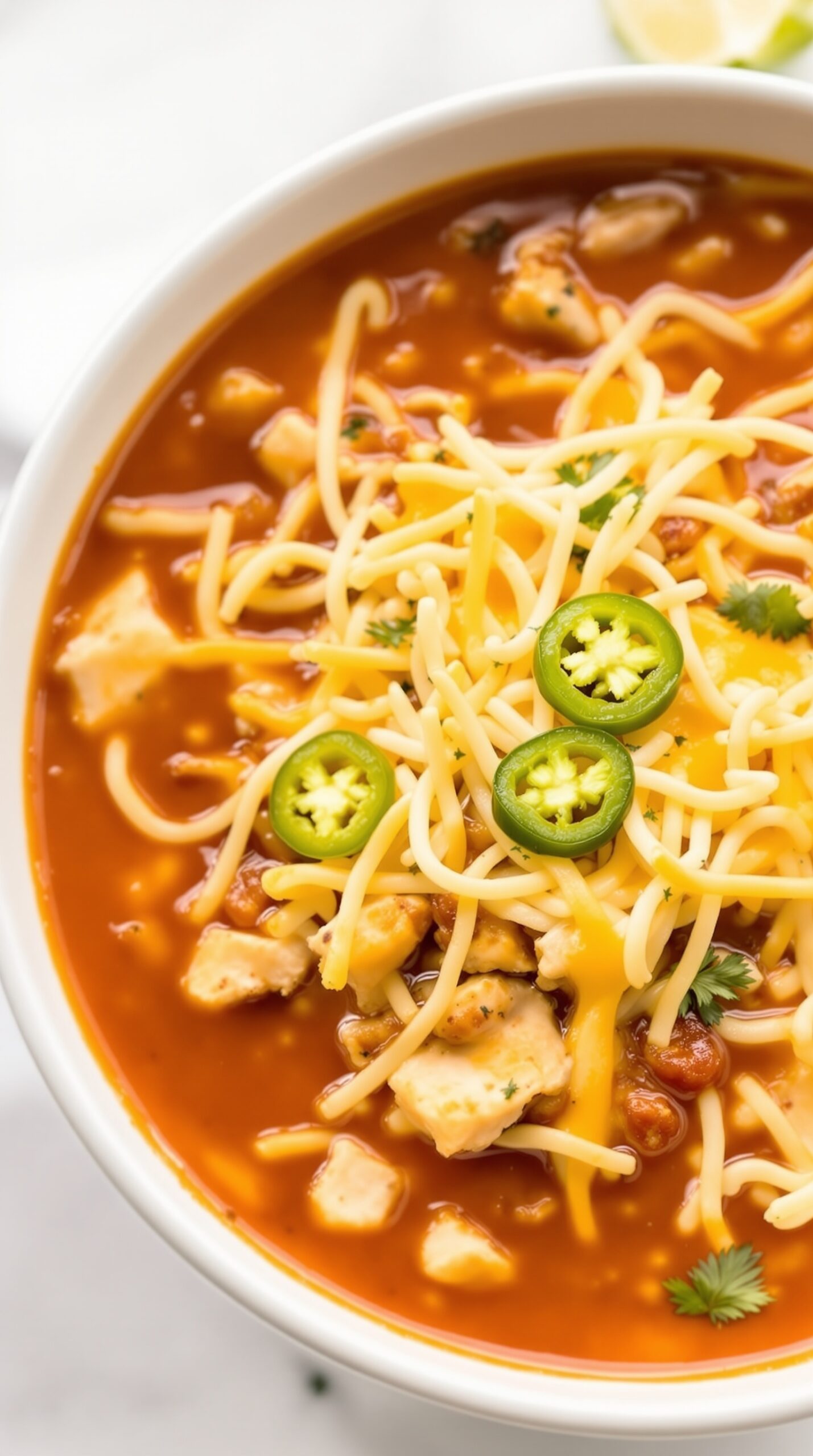 A bowl of chicken tortilla soup topped with shredded cheese, jalapeños, and cilantro.