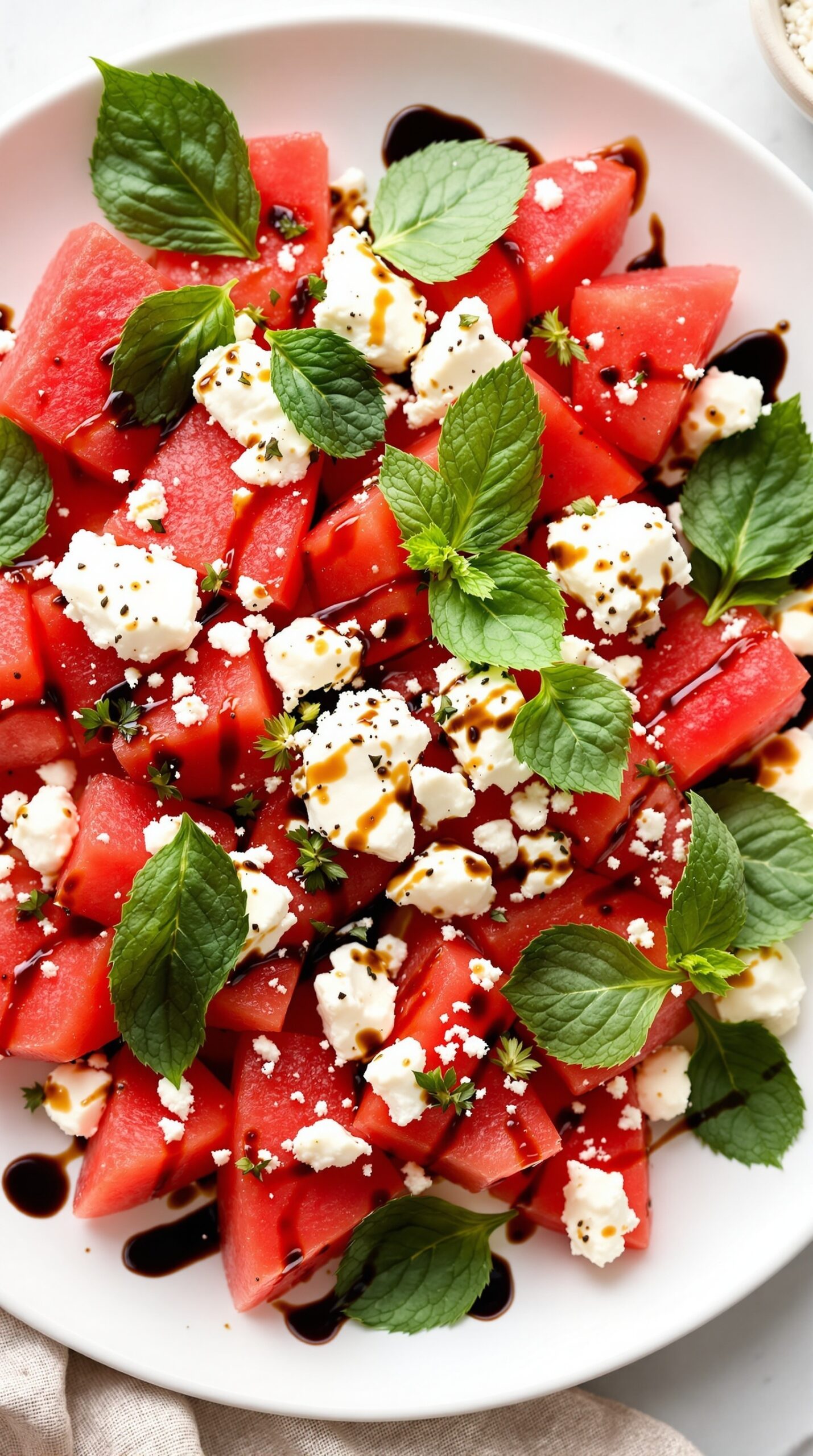 A vibrant watermelon and feta salad topped with fresh mint leaves and balsamic reduction.