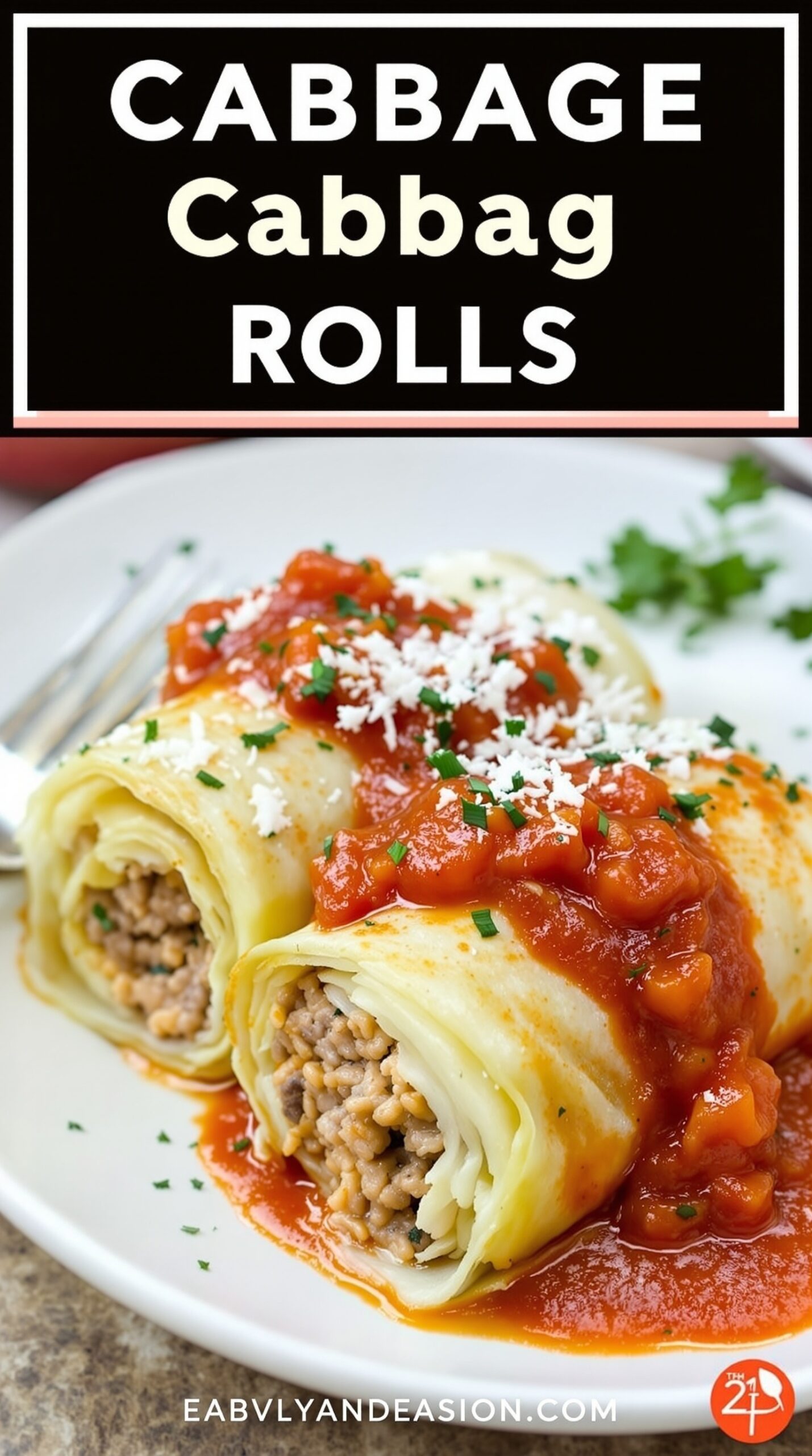 Stuffed cabbage rolls filled with beef and rice, topped with tomato sauce and garnished with parsley.