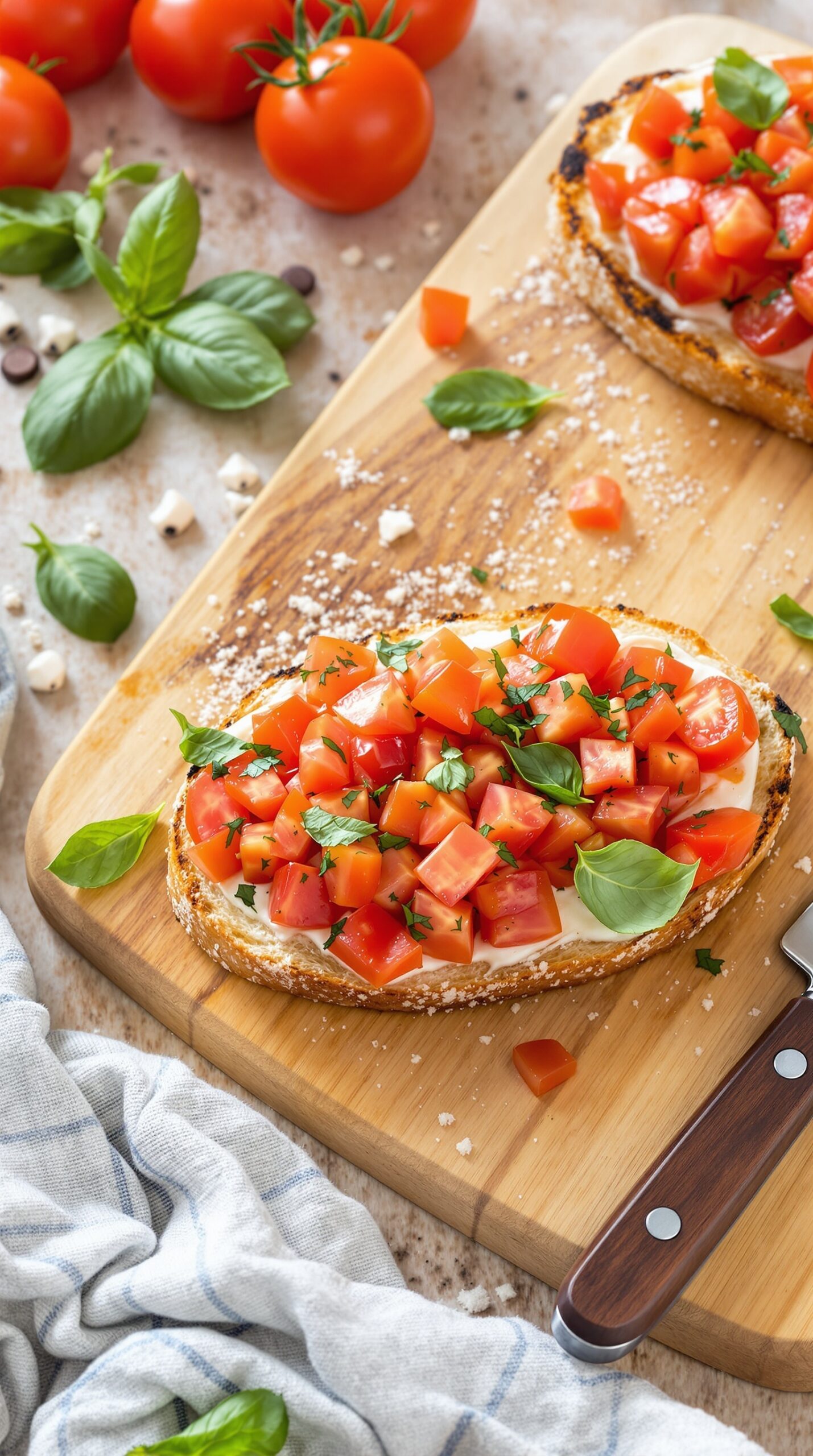 Bruschetta topped with diced tomatoes and basil on a wooden cutting board