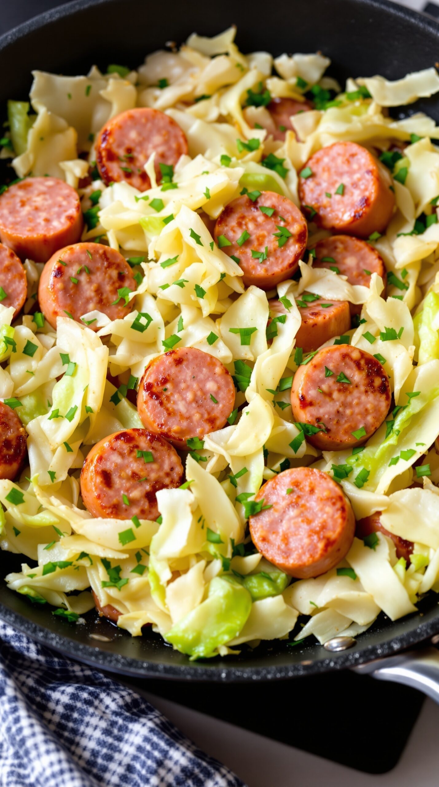 A skillet filled with cooked cabbage, sausage slices, and egg noodles, garnished with parsley.