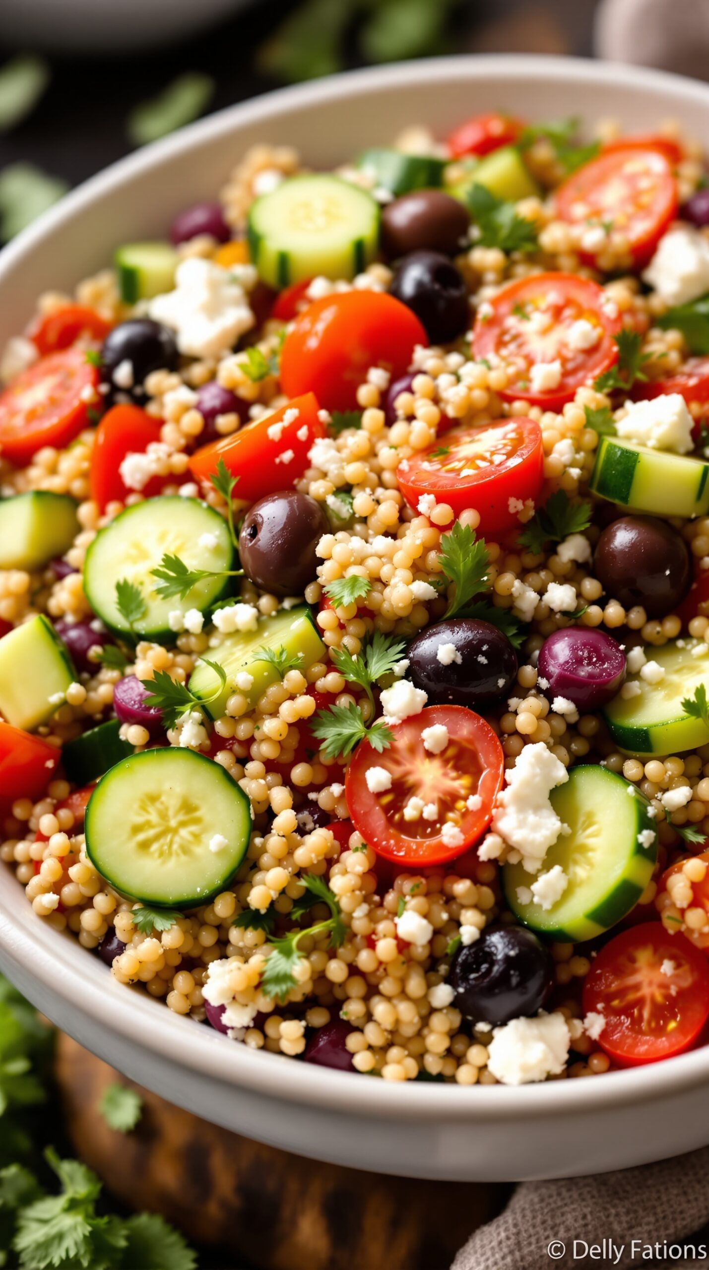 A bowl of Mediterranean Quinoa Salad with colorful vegetables and feta cheese.