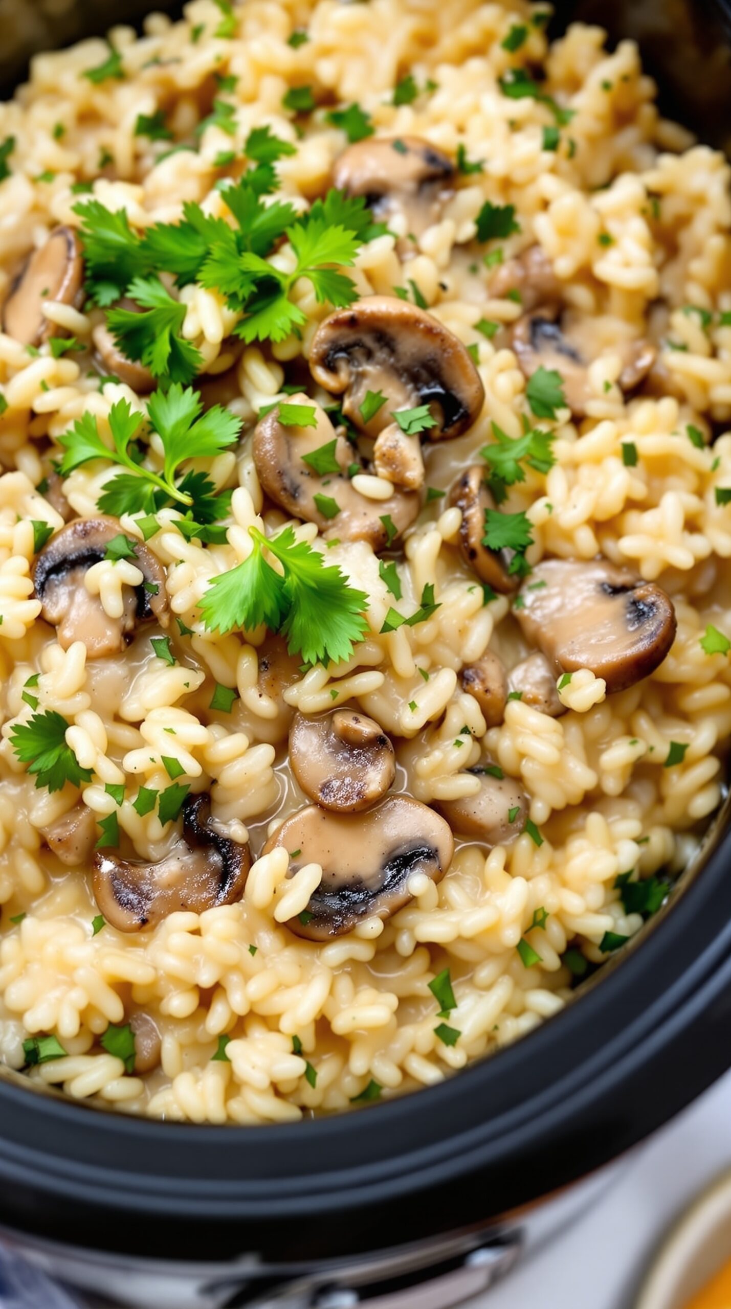 A bowl of creamy chicken and mushroom risotto topped with fresh herbs.