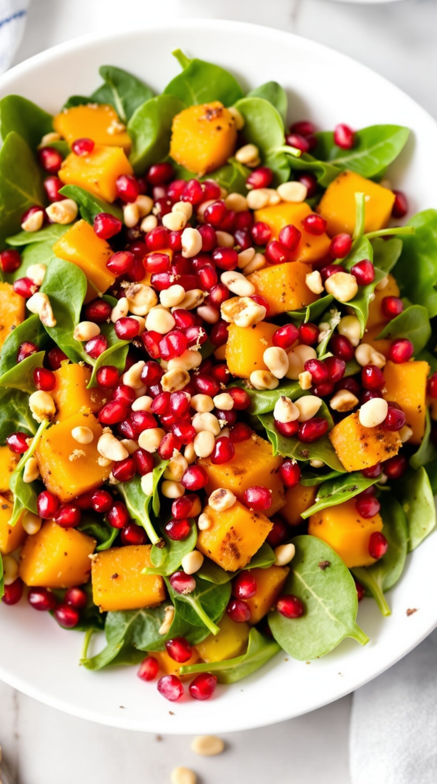A vibrant salad featuring butternut squash, spinach, pomegranate seeds, and pine nuts.