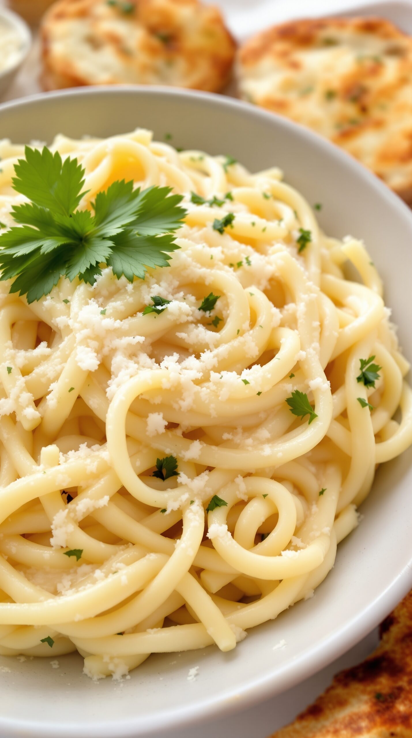 A bowl of fettuccine alfredo topped with parsley and grated cheese.