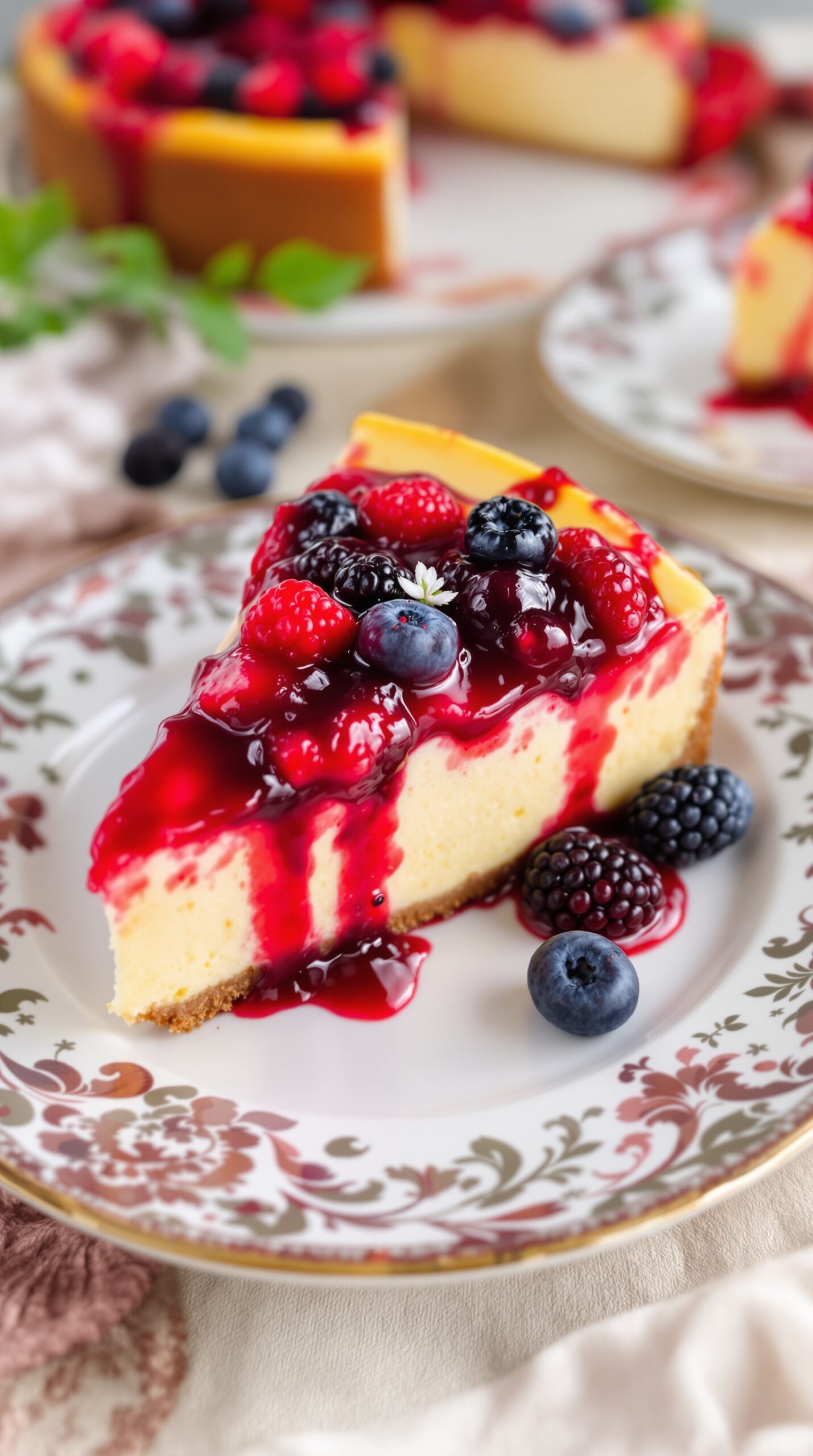 A slice of rich cheesecake topped with berry compote, garnished with fresh berries on a decorative plate.