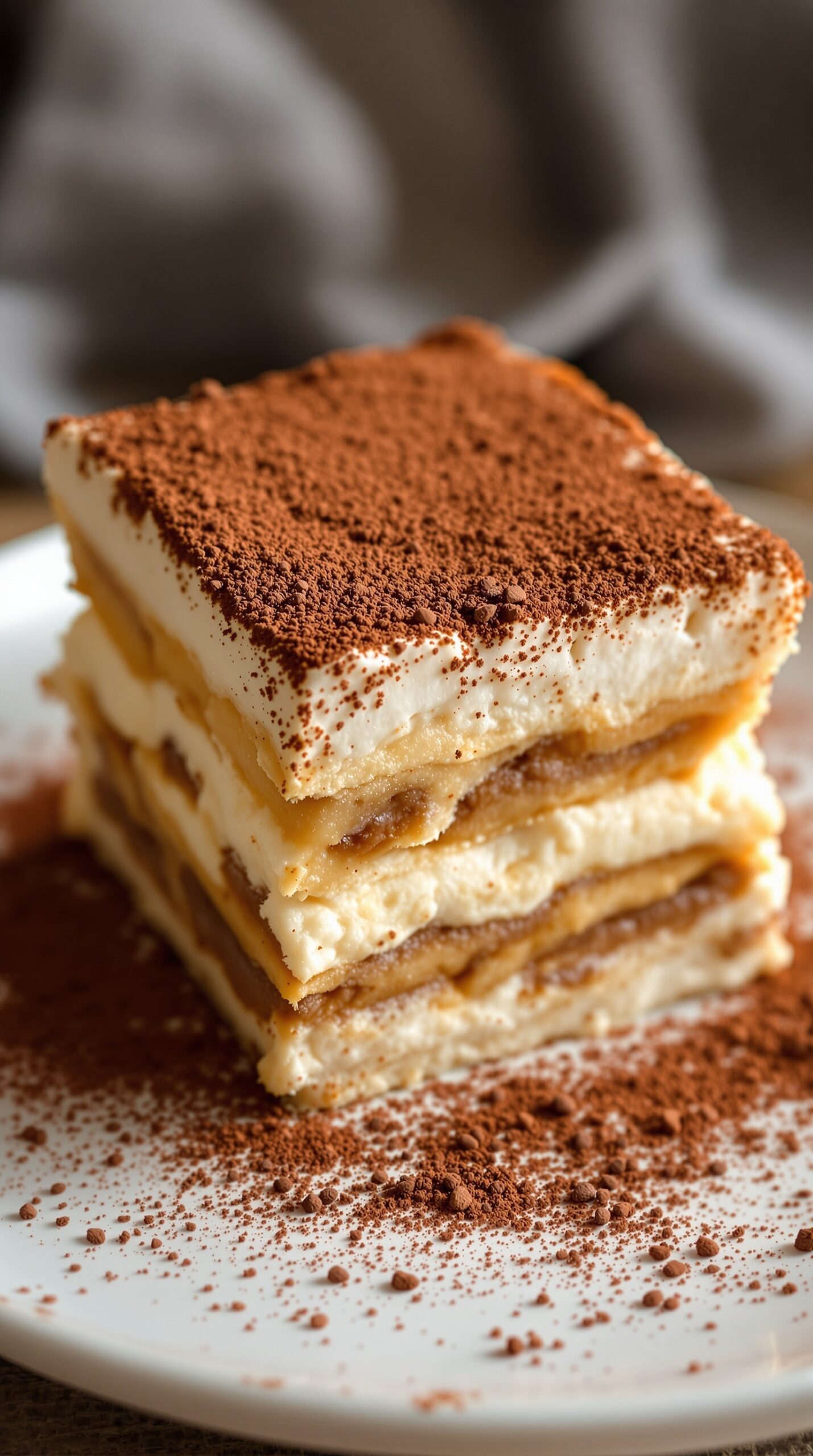 A slice of tiramisu dusted with cocoa powder, showcasing layers of coffee-soaked ladyfingers and creamy mascarpone.