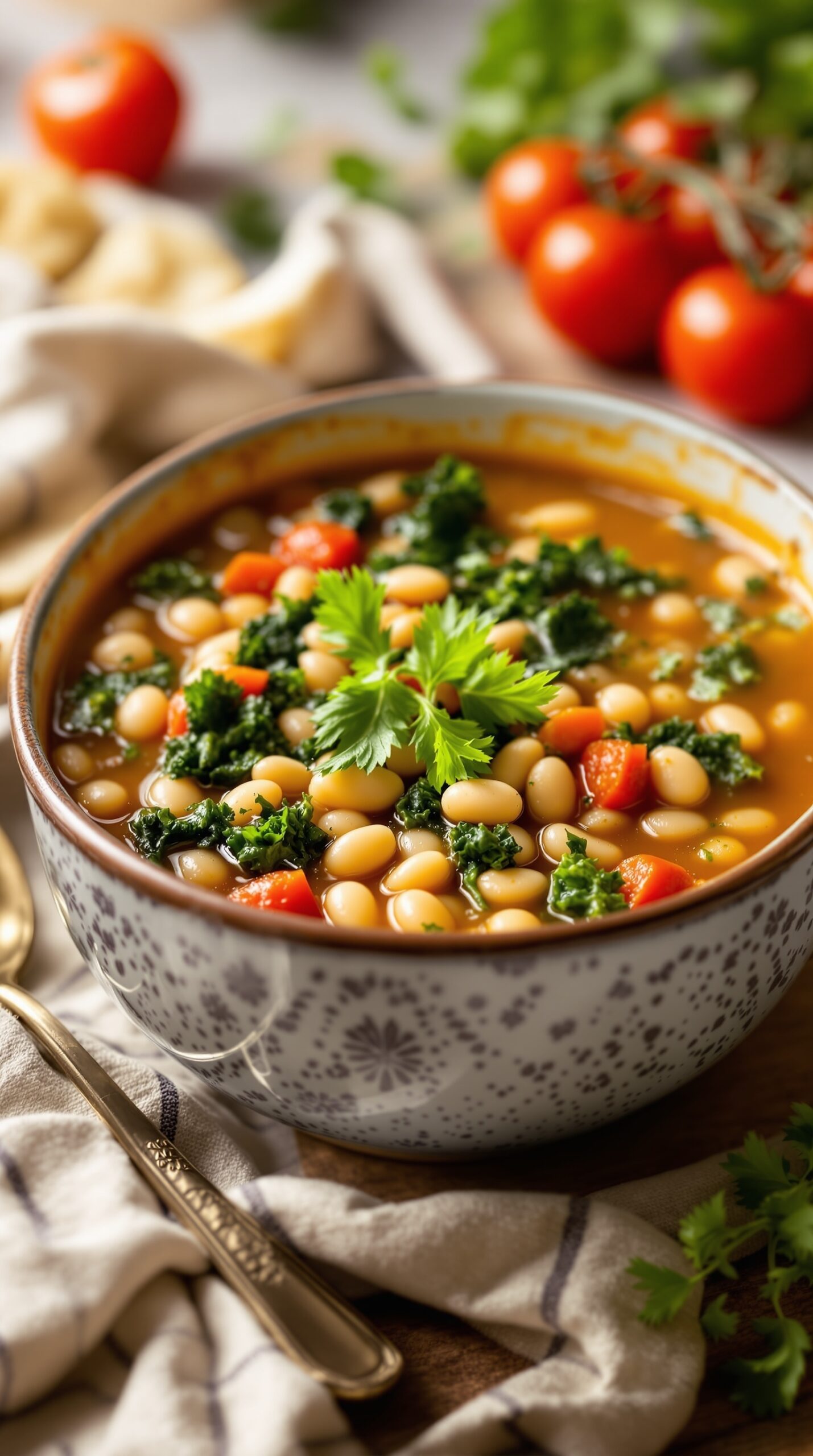 A bowl of Tuscan White Bean Soup with kale, tomatoes, and herbs.