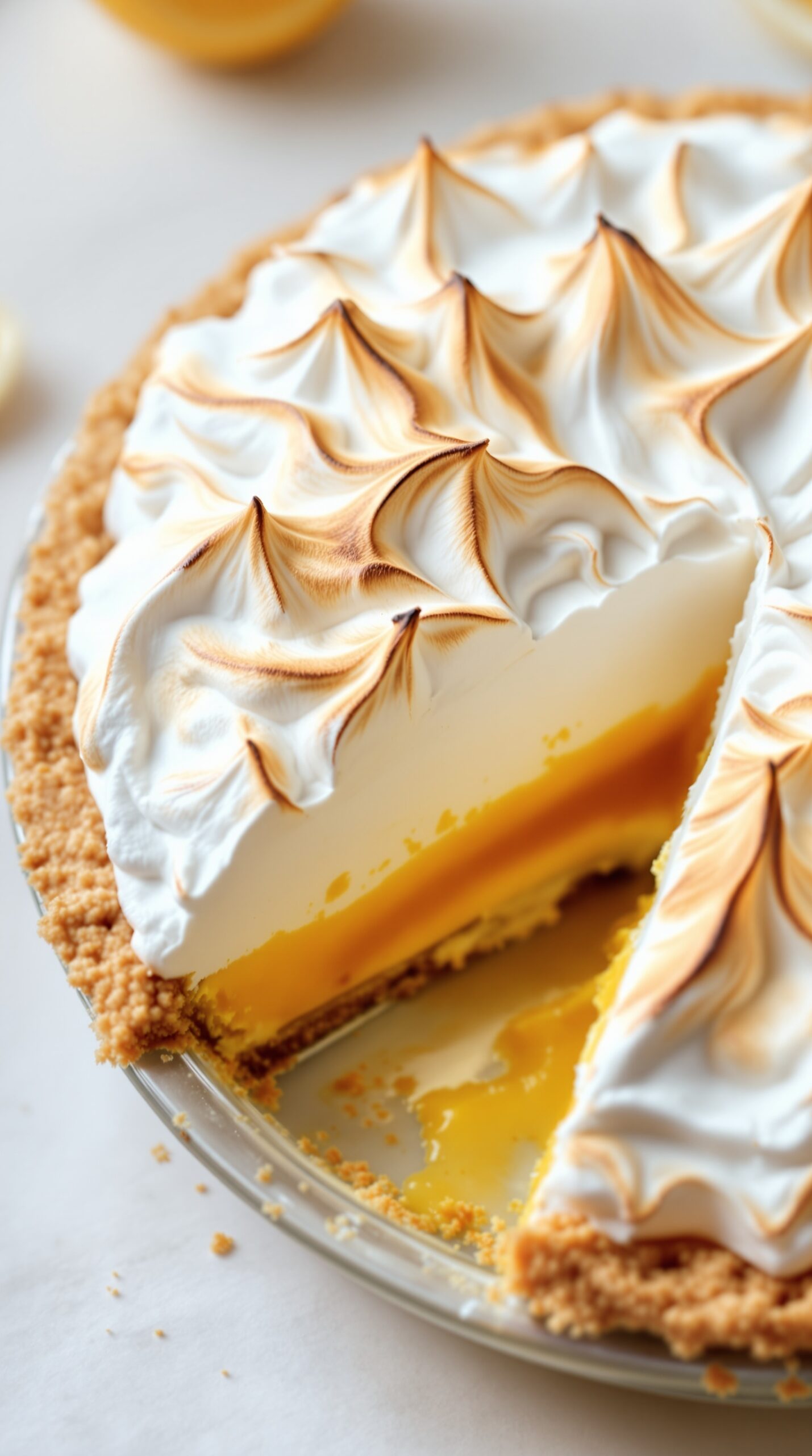 A slice of Lemon Meringue Pie with golden peaks and a crumbly crust.