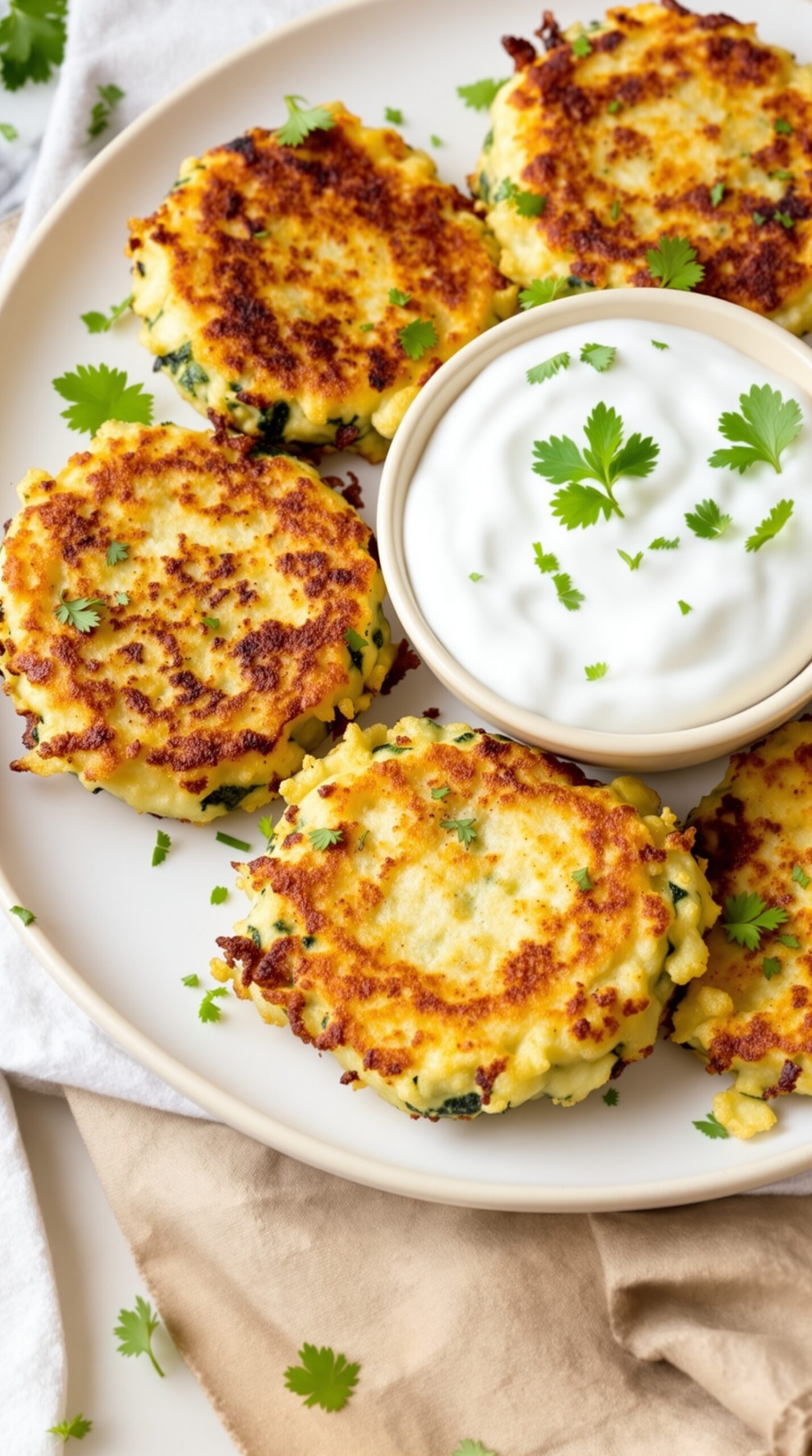Crispy zucchini fritters served with a yogurt dip, garnished with fresh herbs.