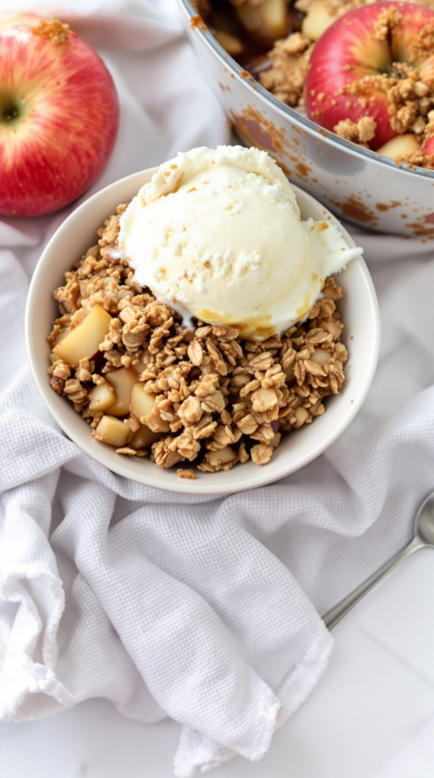 A bowl of apple crisp with oat topping and a scoop of vanilla ice cream, with fresh apples in the background.