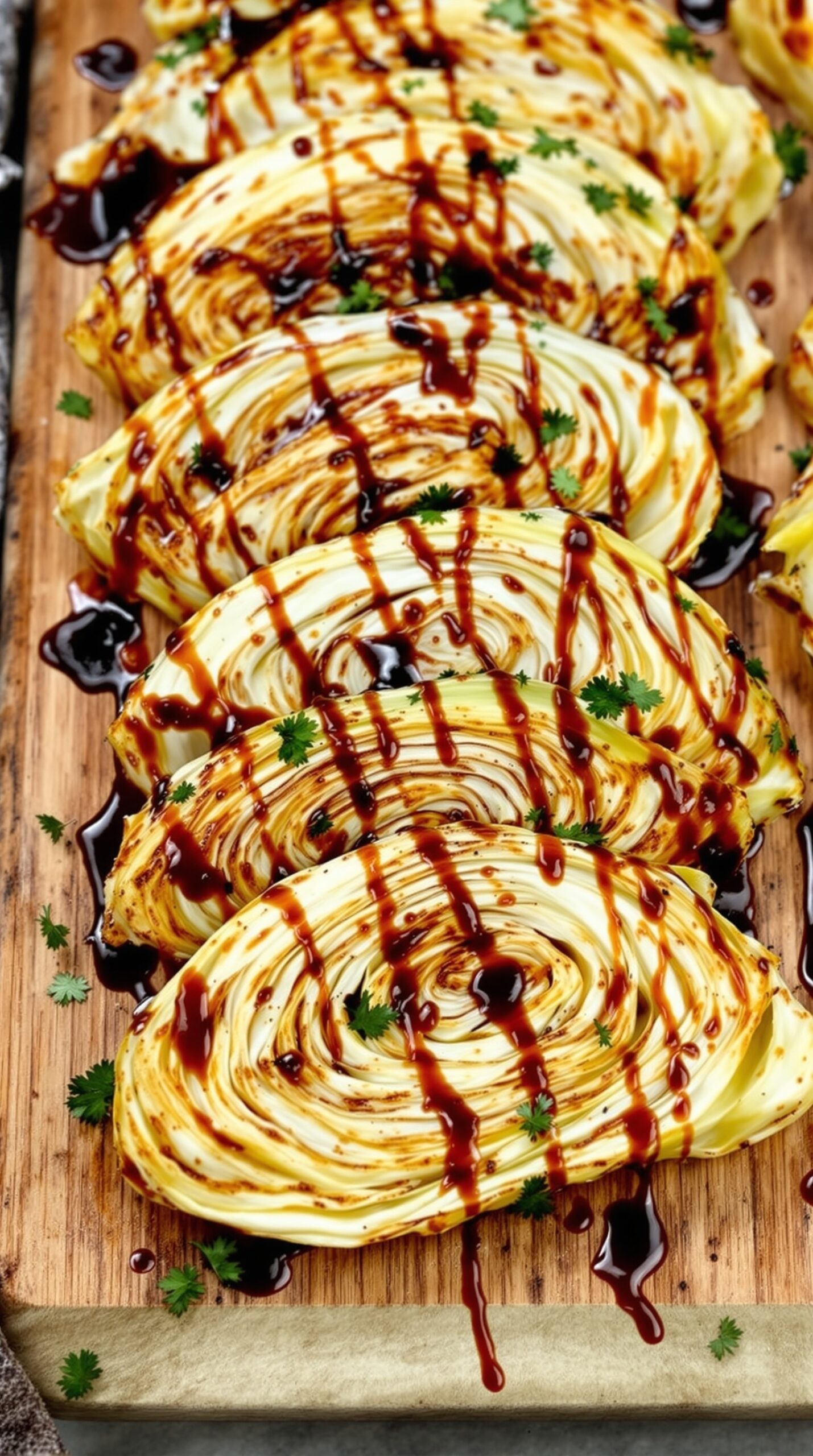 Roasted cabbage wedges drizzled with balsamic glaze on a wooden board