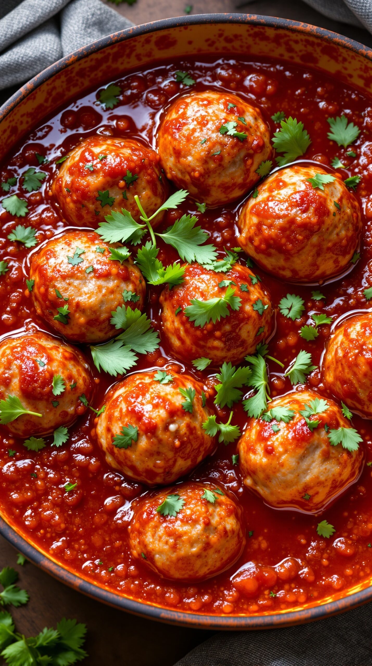 A bowl of spicy meatballs in marinara sauce, garnished with cilantro.