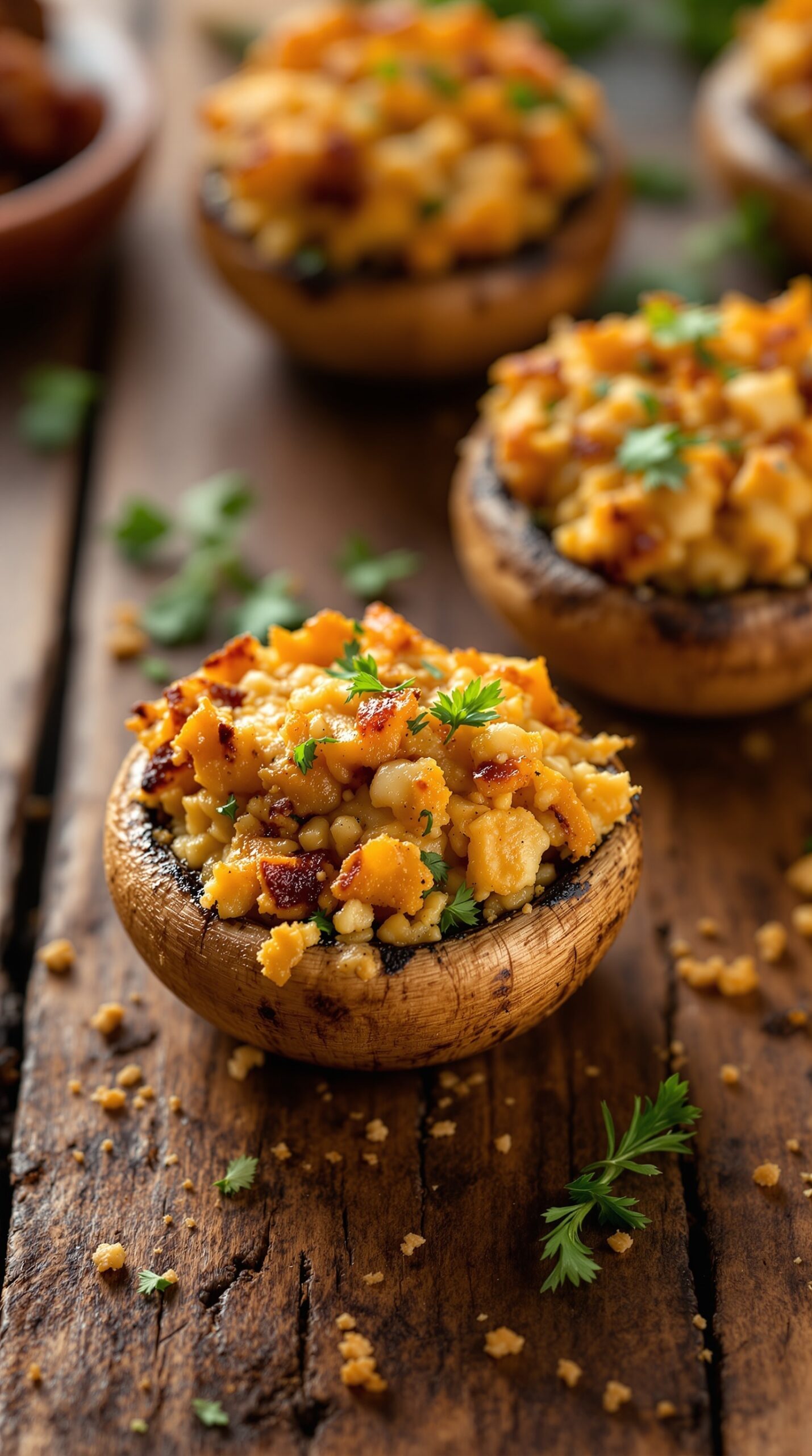 Stuffed mushroom bites topped with herbs on a wooden table.
