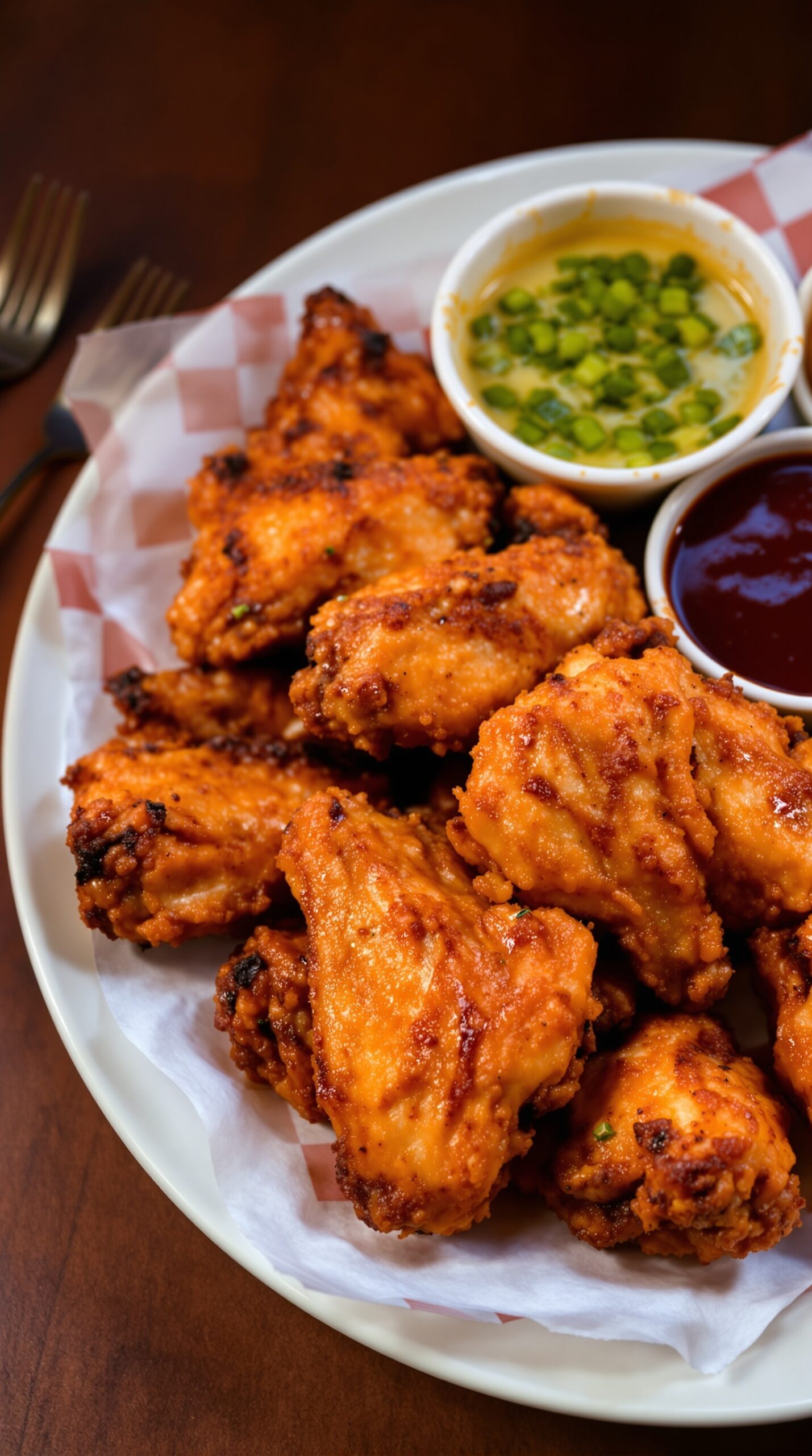 A plate of crispy chicken wings served with two dipping sauces.