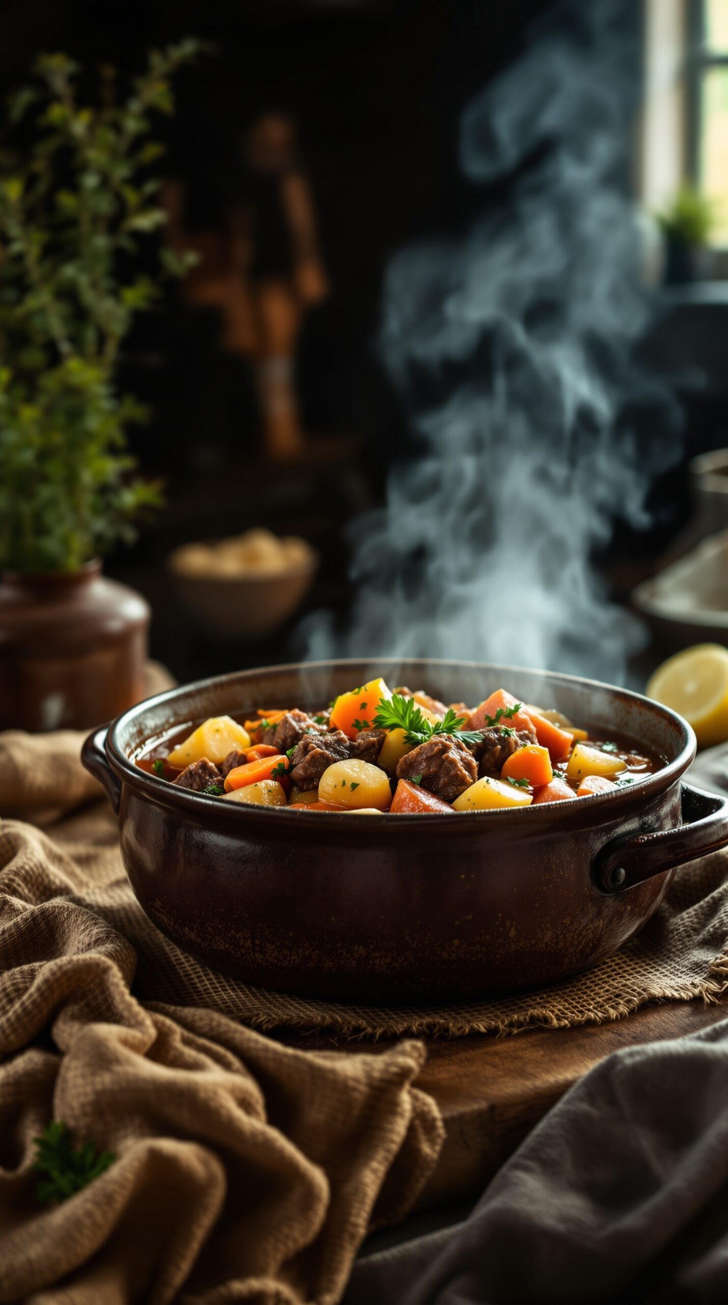 A steaming bowl of hearty beef stew with root vegetables in a rustic pot.