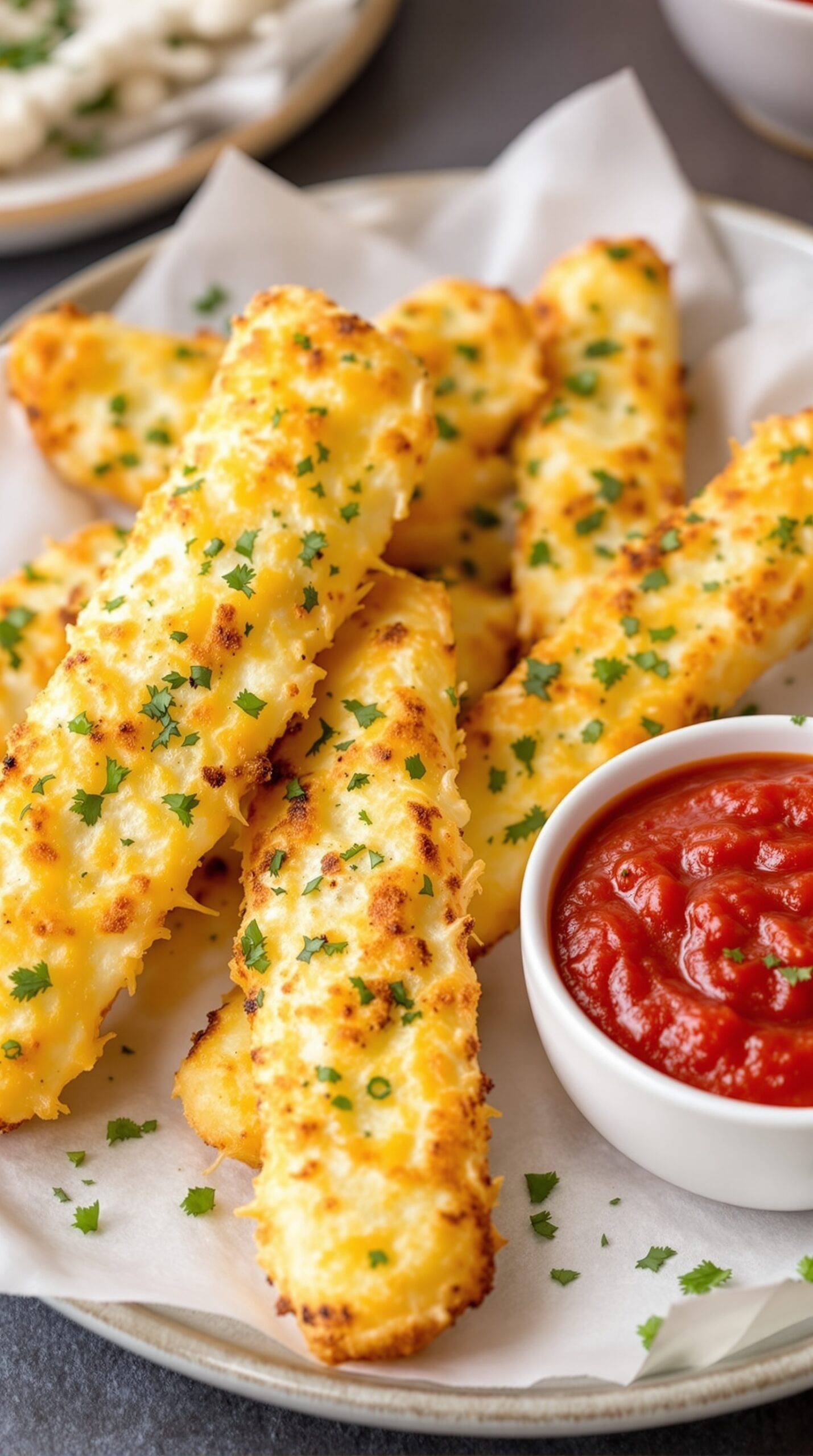 Cheesy garlic breadsticks served with marinara sauce
