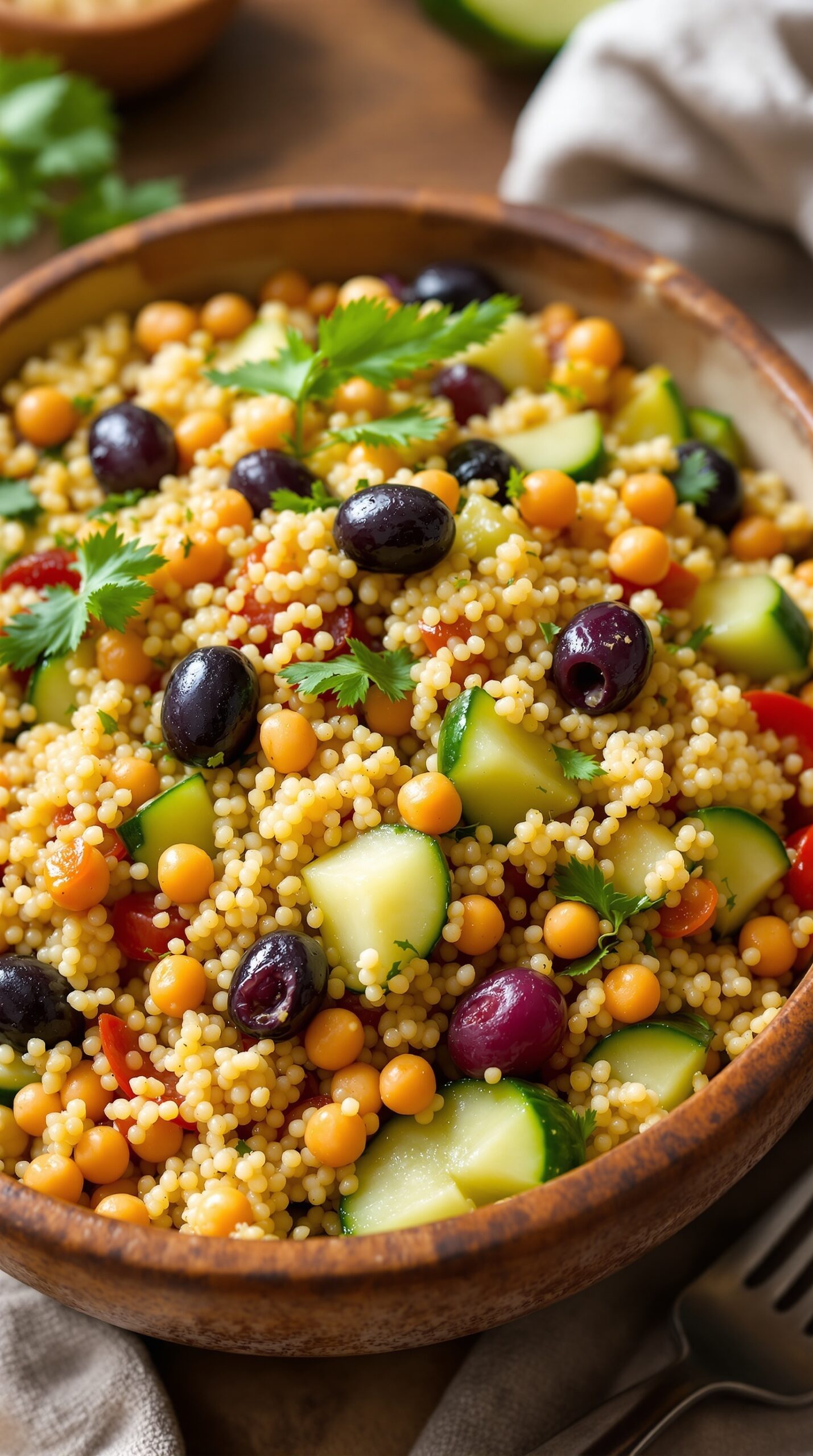 A colorful bowl of Mediterranean Quinoa with Chickpeas, featuring fresh vegetables and olives.