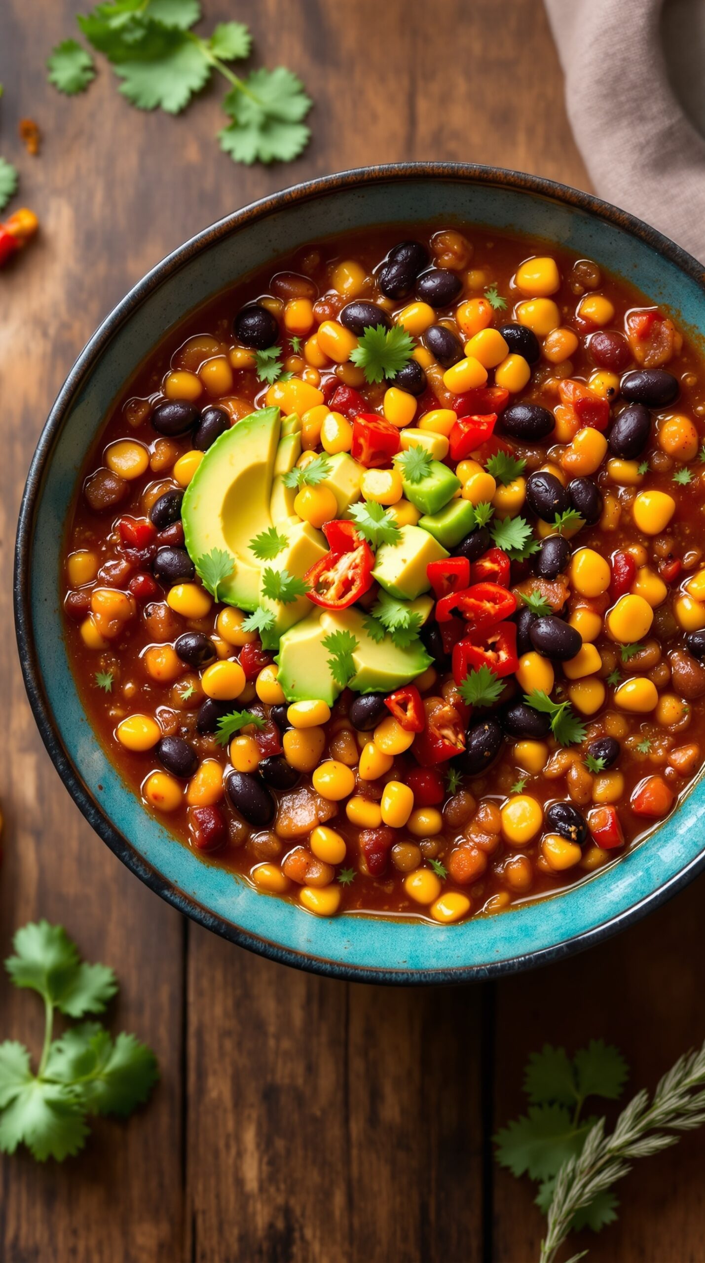 A bowl of spicy vegetarian chili with black beans, corn, and fresh toppings like avocado and cilantro.