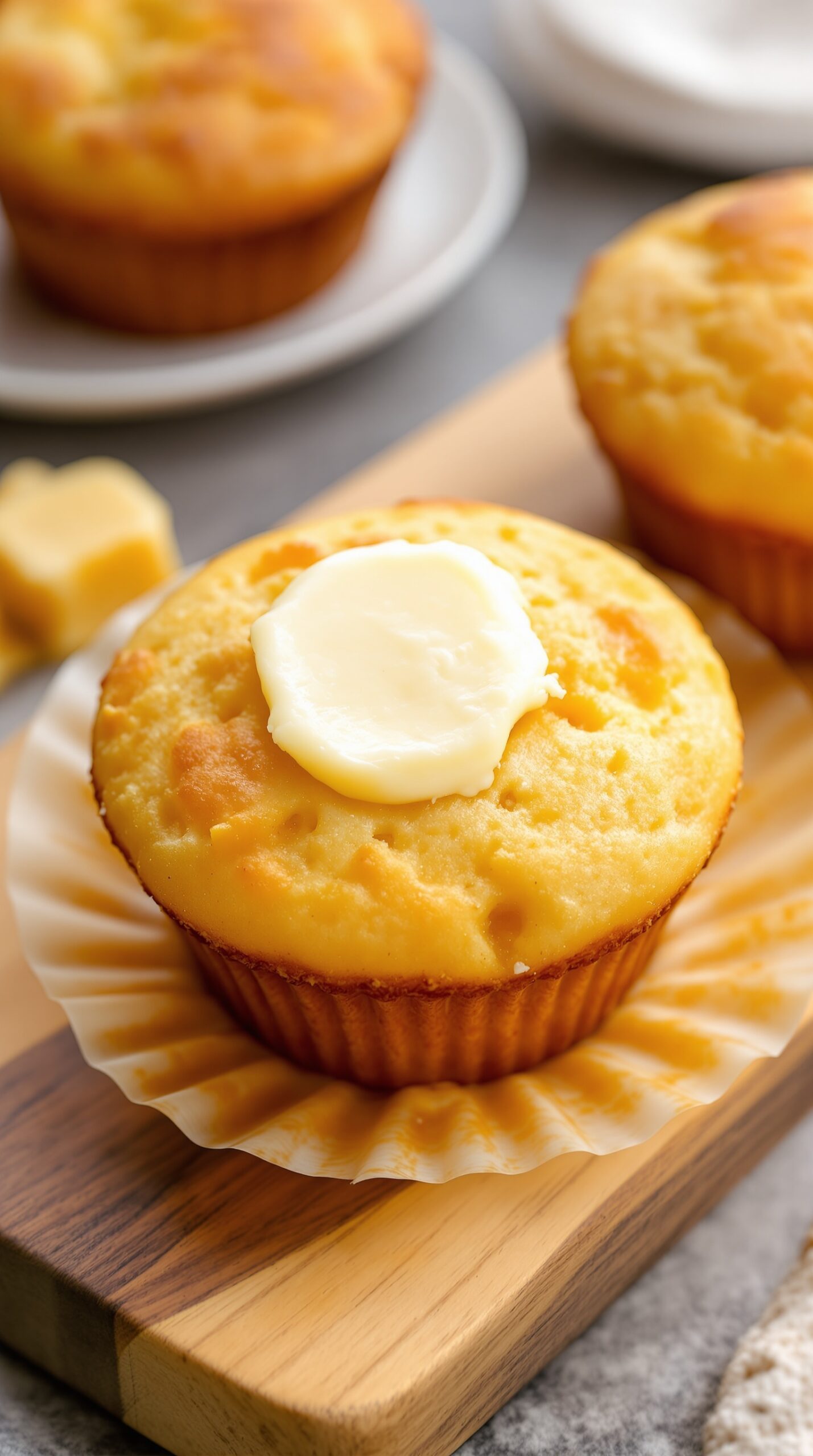 Cornbread muffin topped with honey butter on a wooden board