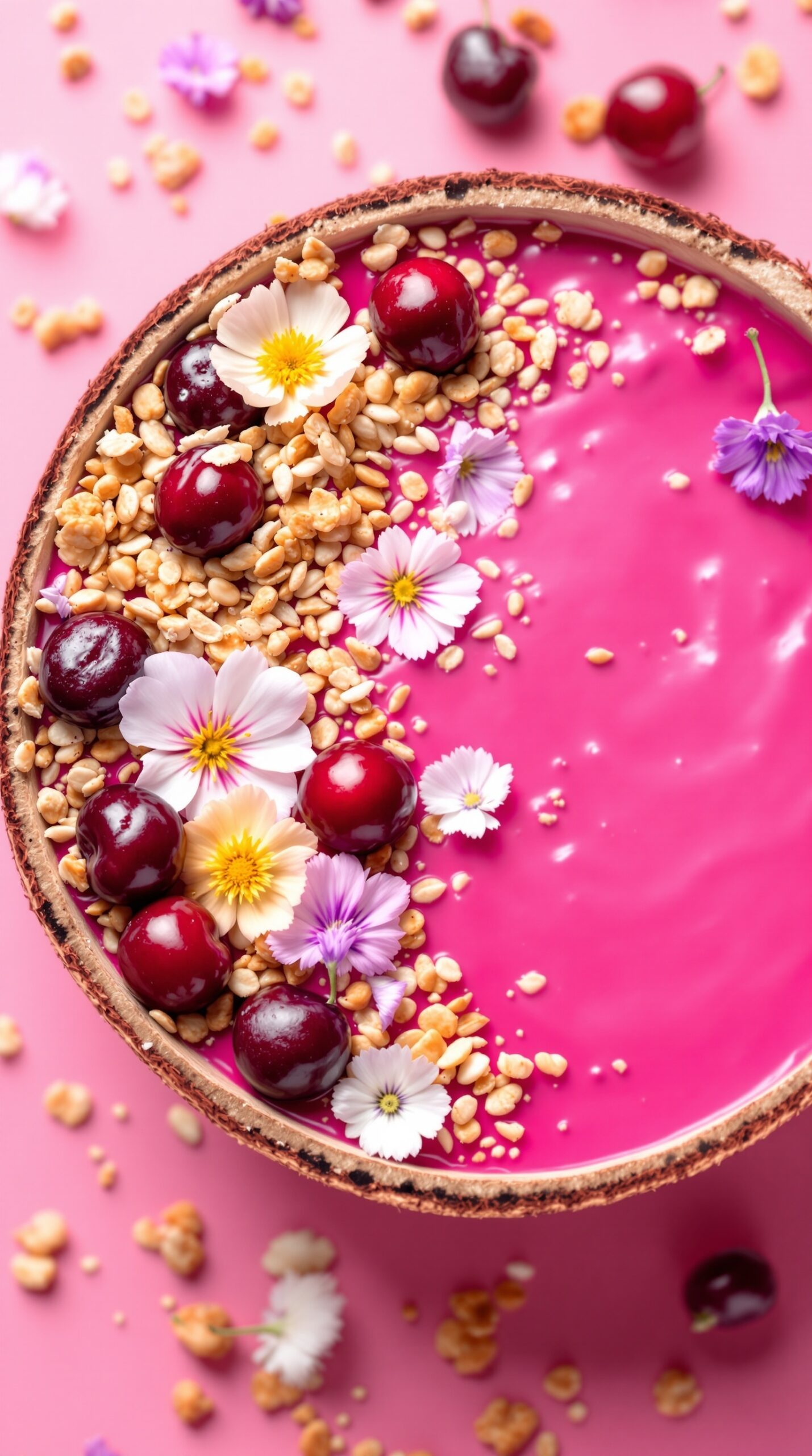 A vibrant Cherry Blossom Smoothie Bowl topped with fresh cherries, granola, and edible flowers on a pink background.