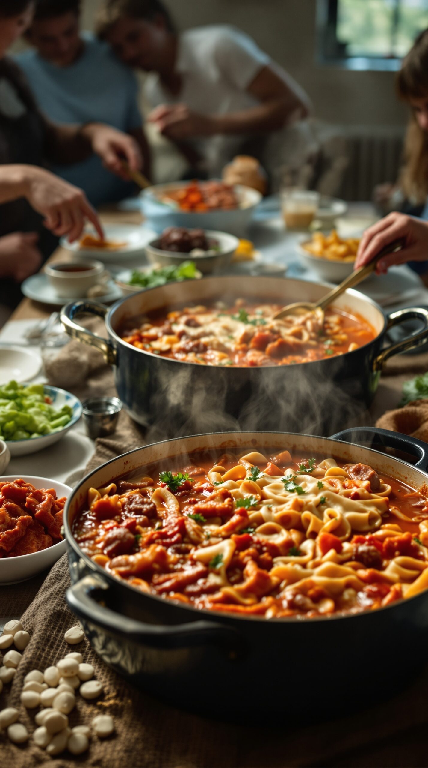 A cozy family gathering with people enjoying bowls of lasagna soup, featuring two pots of steaming soup on the table.