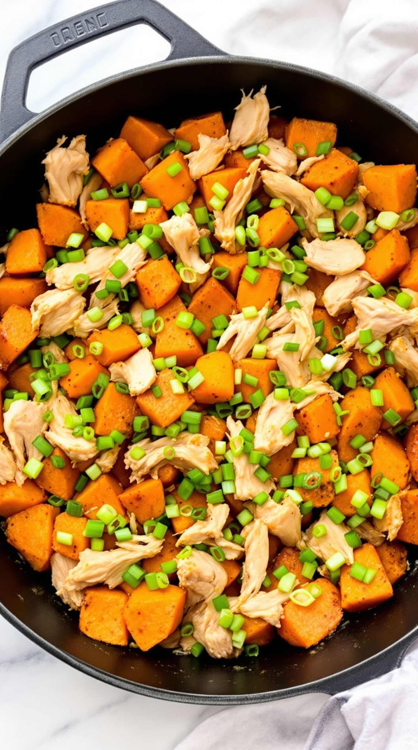 A skillet filled with diced sweet potatoes, shredded turkey, and chopped green onions.