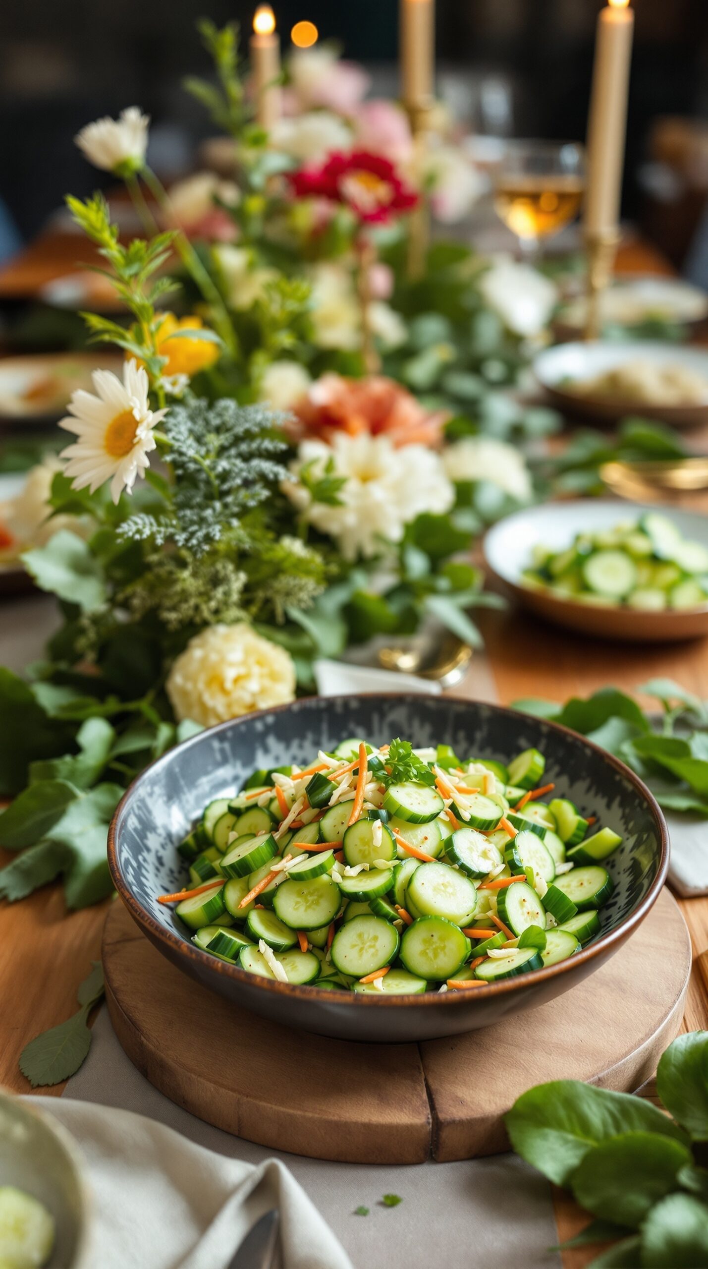 A vibrant Asian cucumber salad served in a bowl, surrounded by flowers and candles on a dining table.