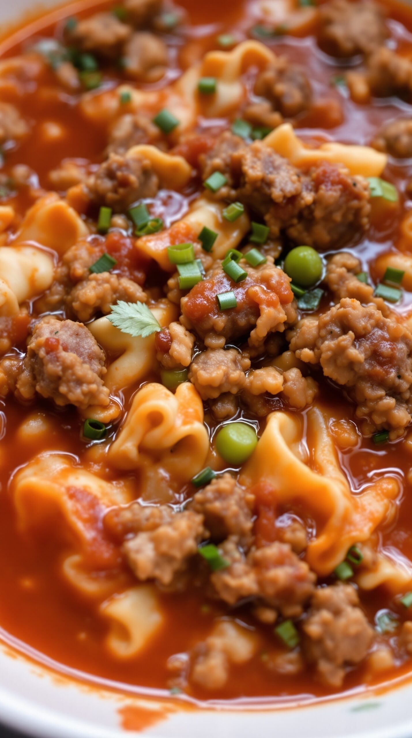 A bowl of lasagna soup with ground meat, noodles, and green onions.