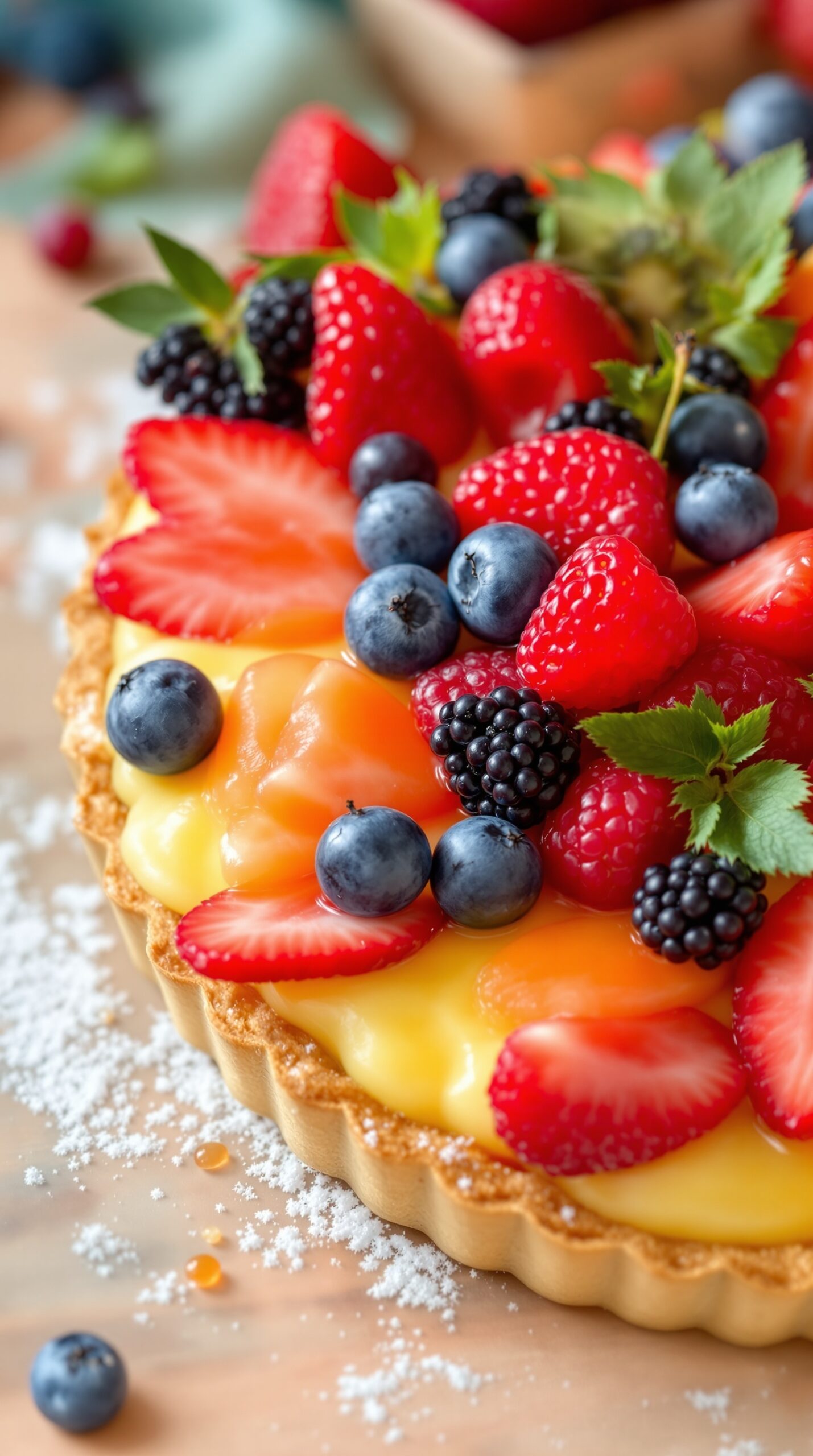 A colorful fruit tart topped with strawberries, blueberries, and blackberries on a creamy custard filling.