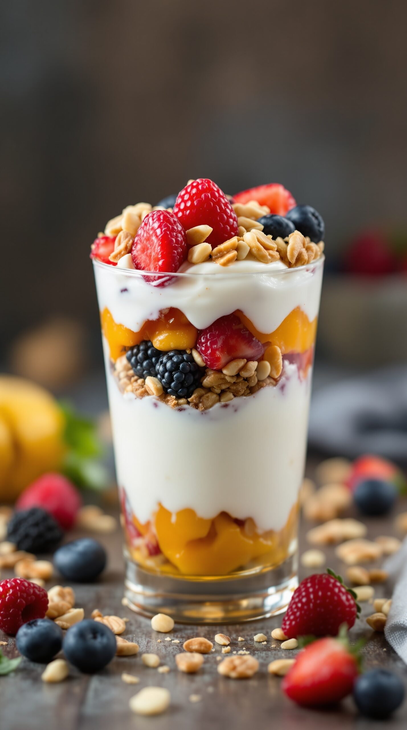 A delicious Greek yogurt parfait layered with fruits, granola, and nuts, topped with honey.