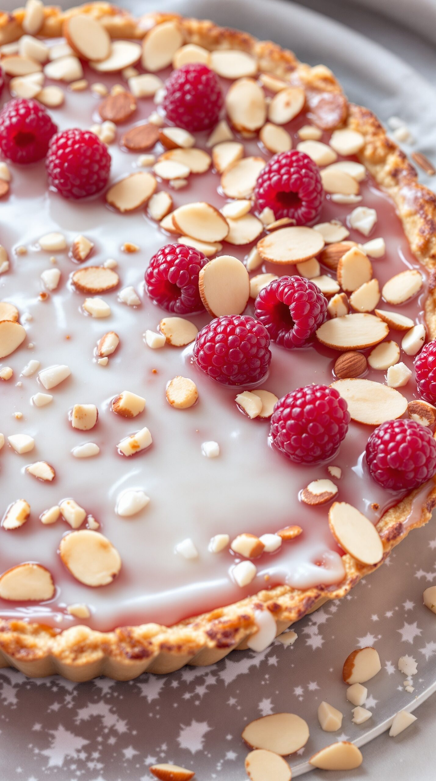 A Raspberry Almond Tart topped with fresh raspberries and sliced almonds.