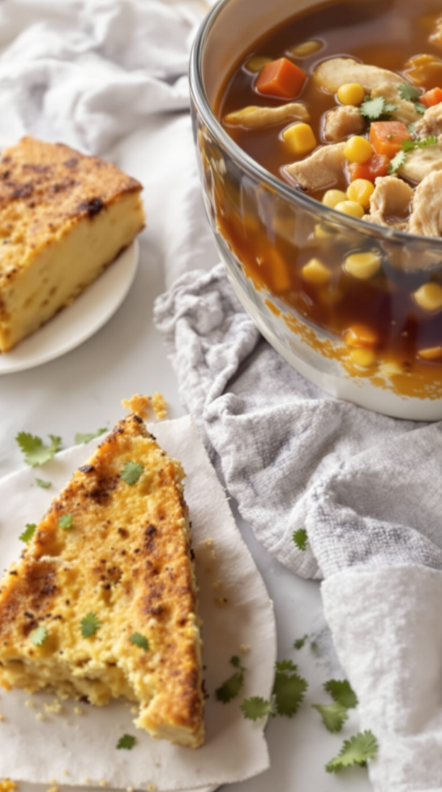 A bowl of chicken tortilla soup next to a slice of cornbread on a plate.