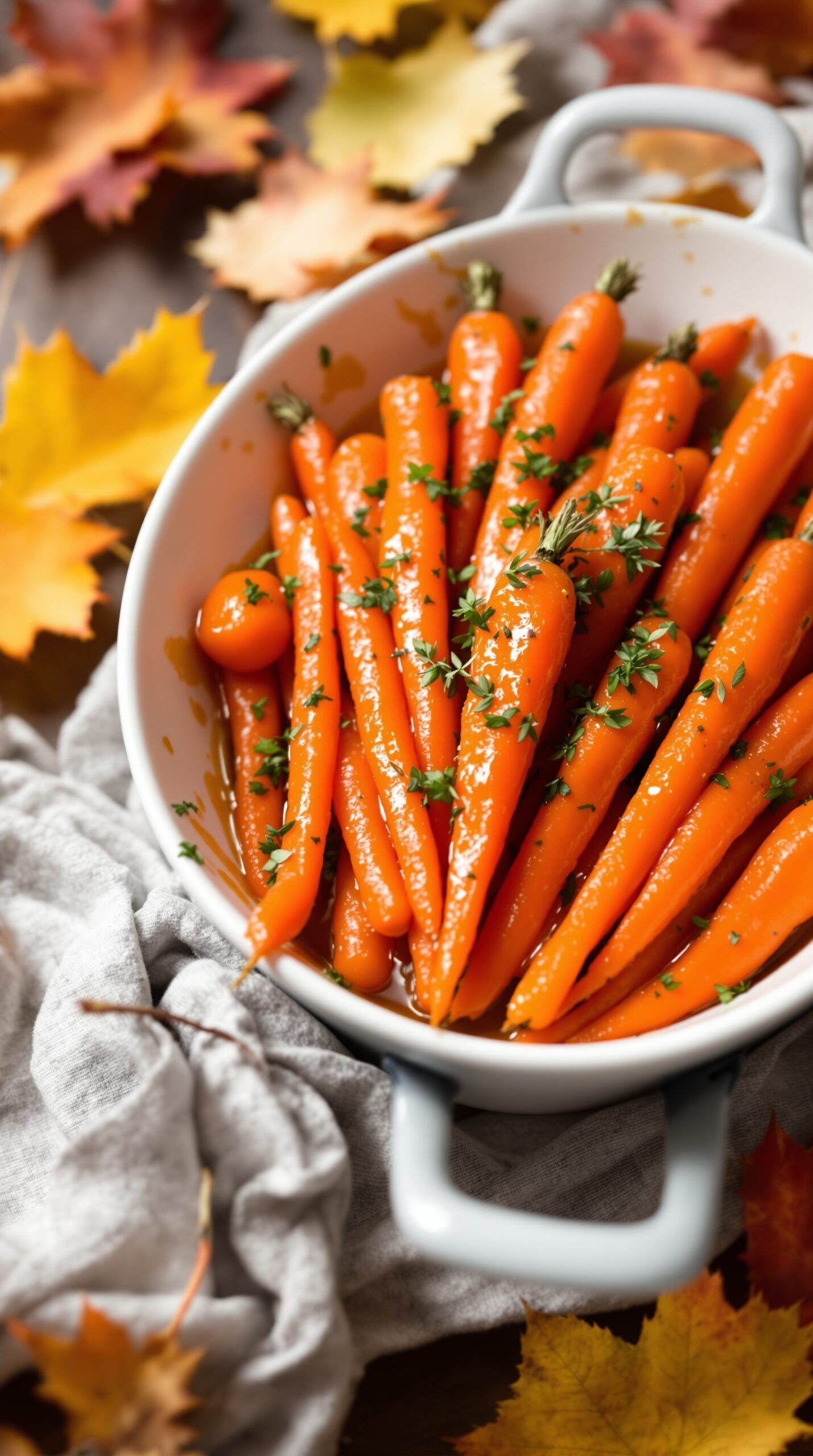 A bowl of honey glazed carrots with thyme, surrounded by autumn leaves.