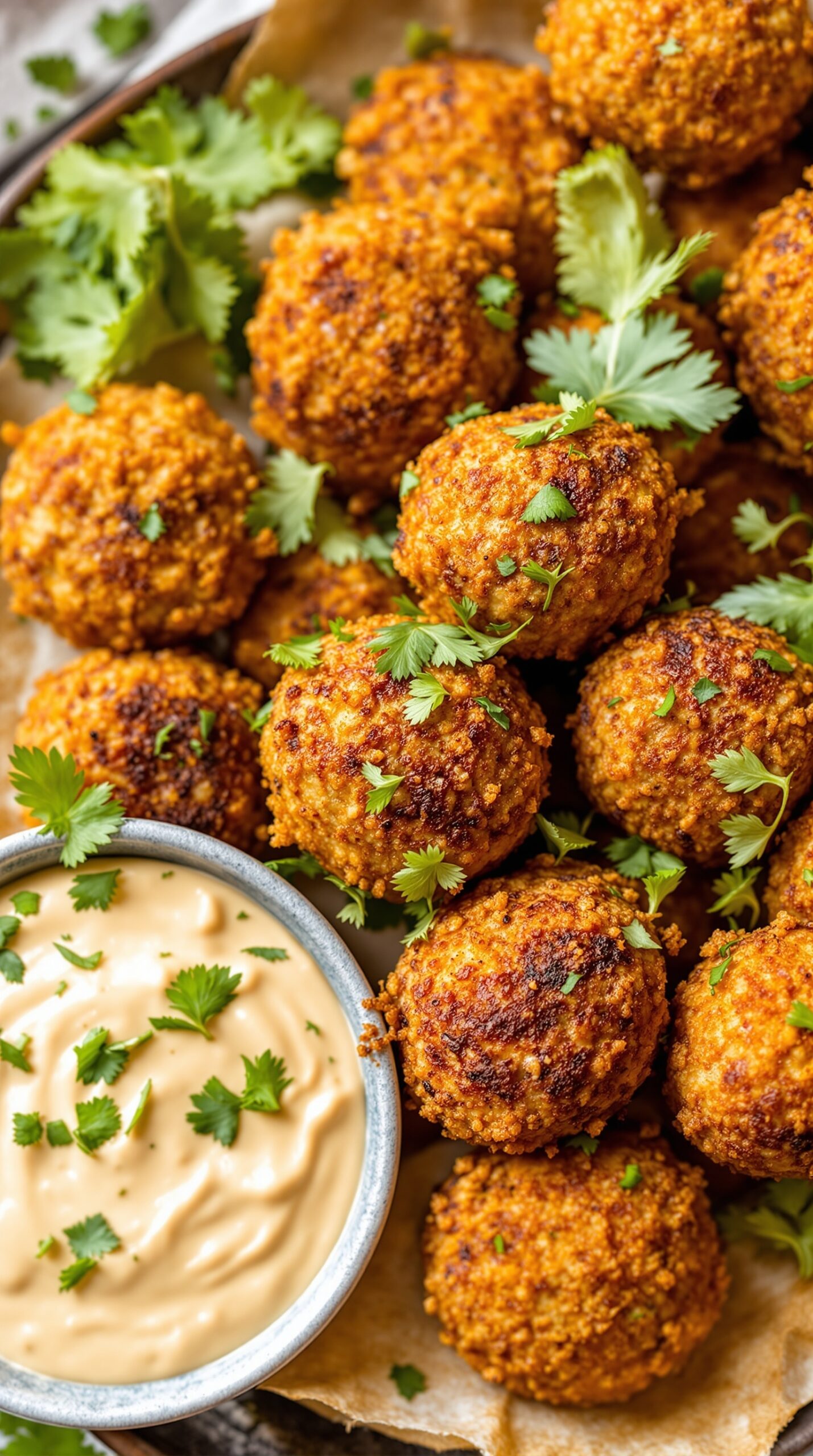 Baked falafel balls served with tahini dip and garnished with fresh herbs