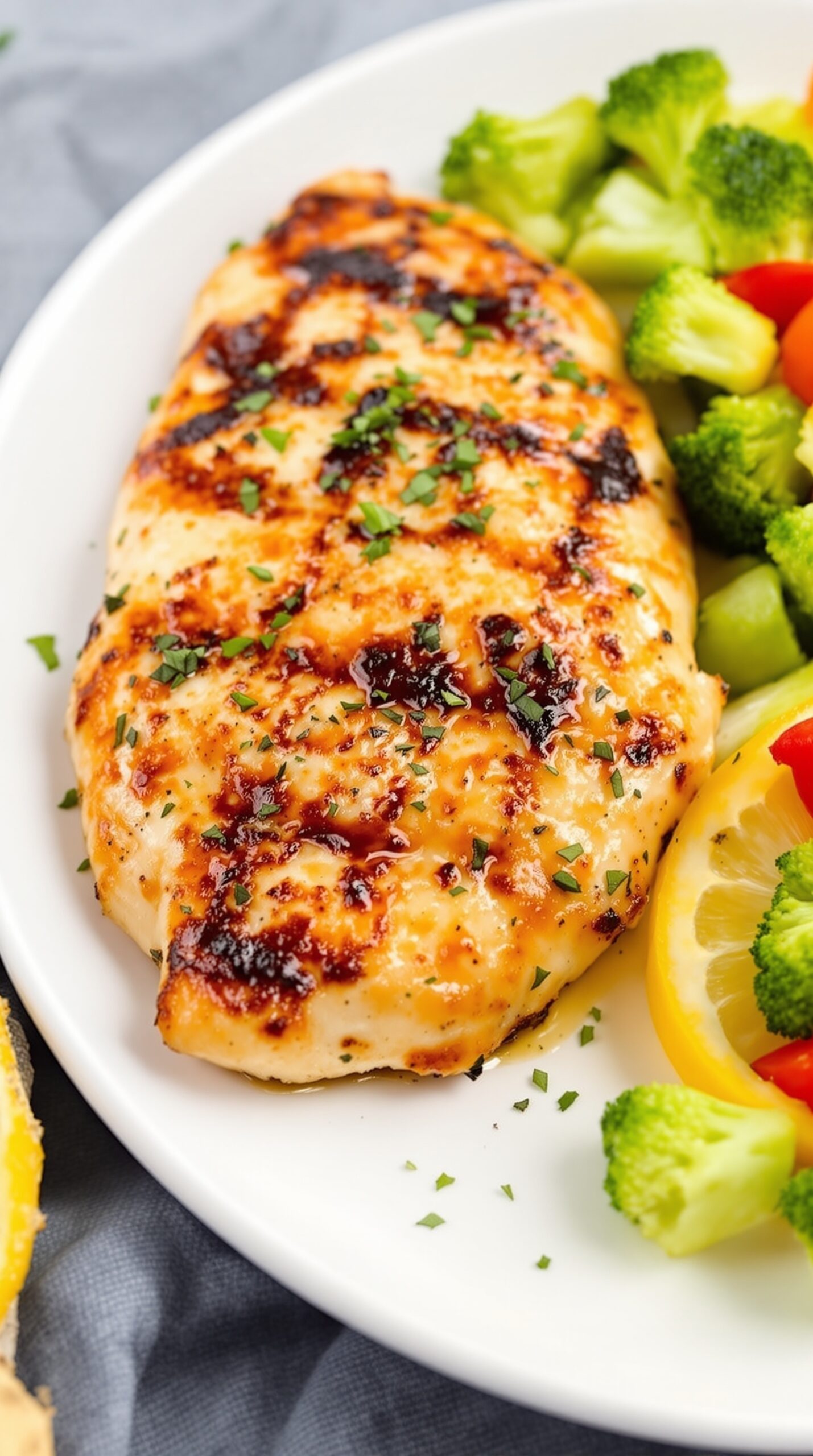 Grilled lemon herb chicken served with broccoli and bell peppers