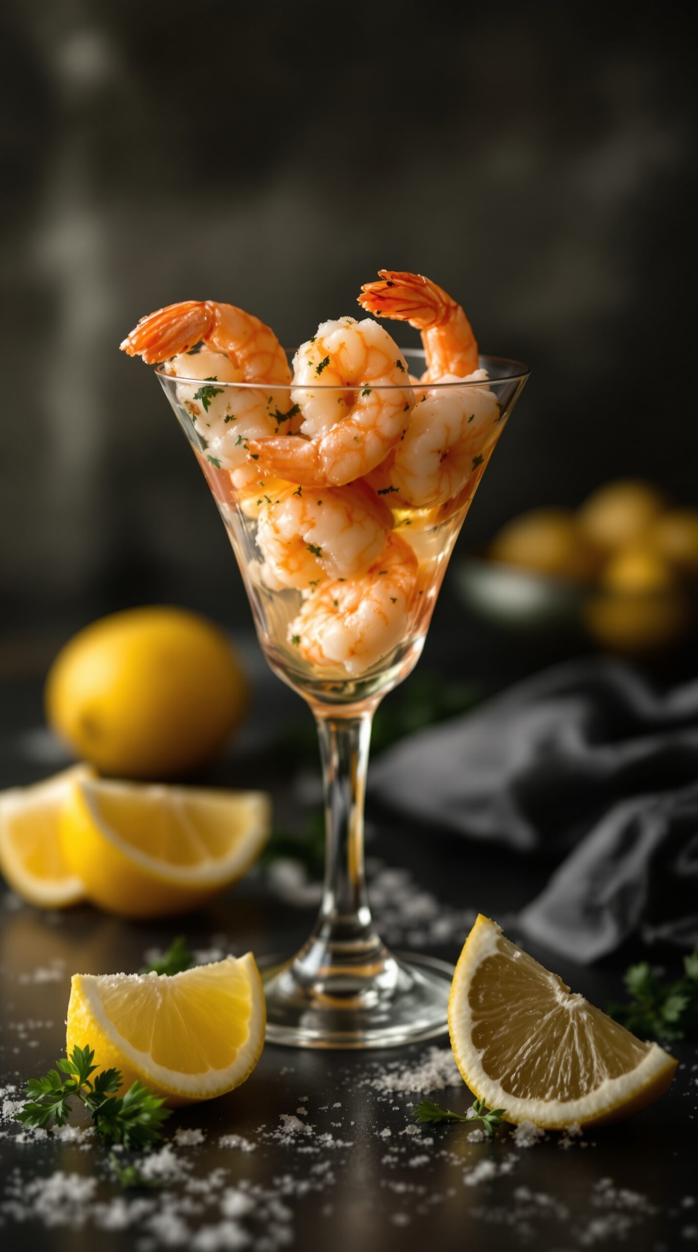 A glass of shrimp cocktail with lemon wedges on the side, garnished with parsley.