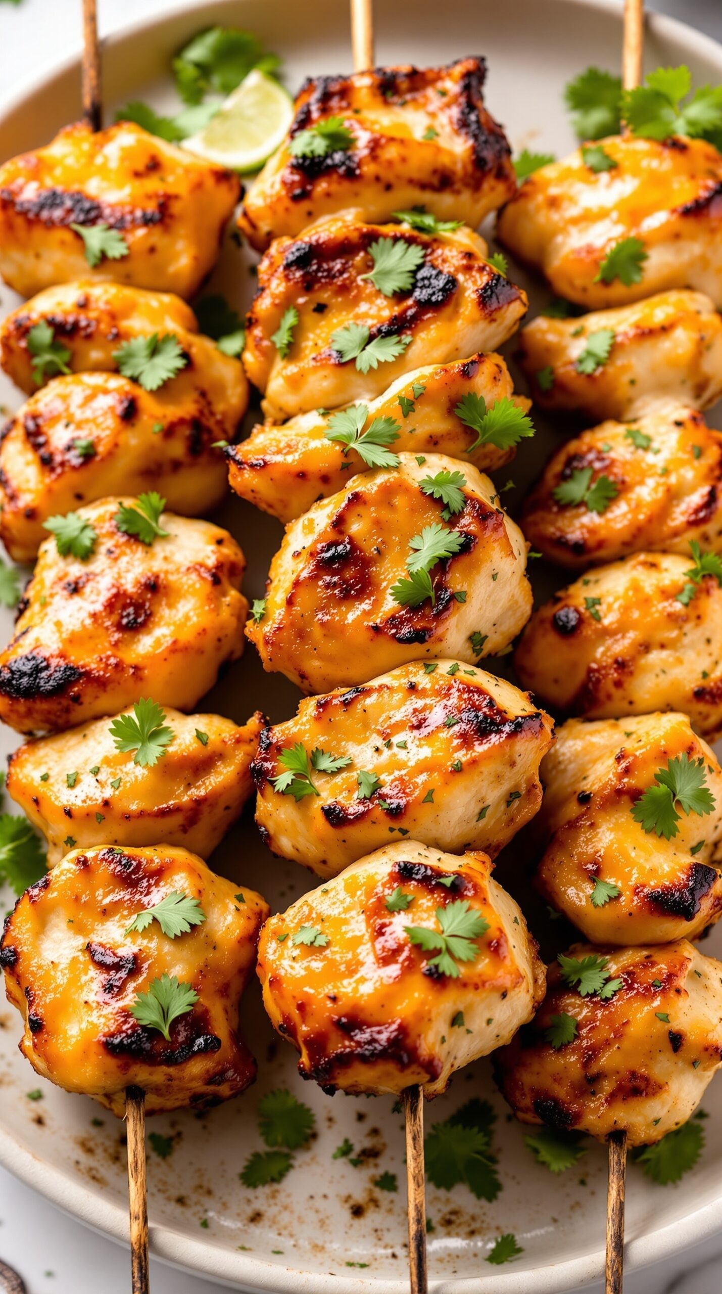 Grilled chicken skewers garnished with fresh herbs