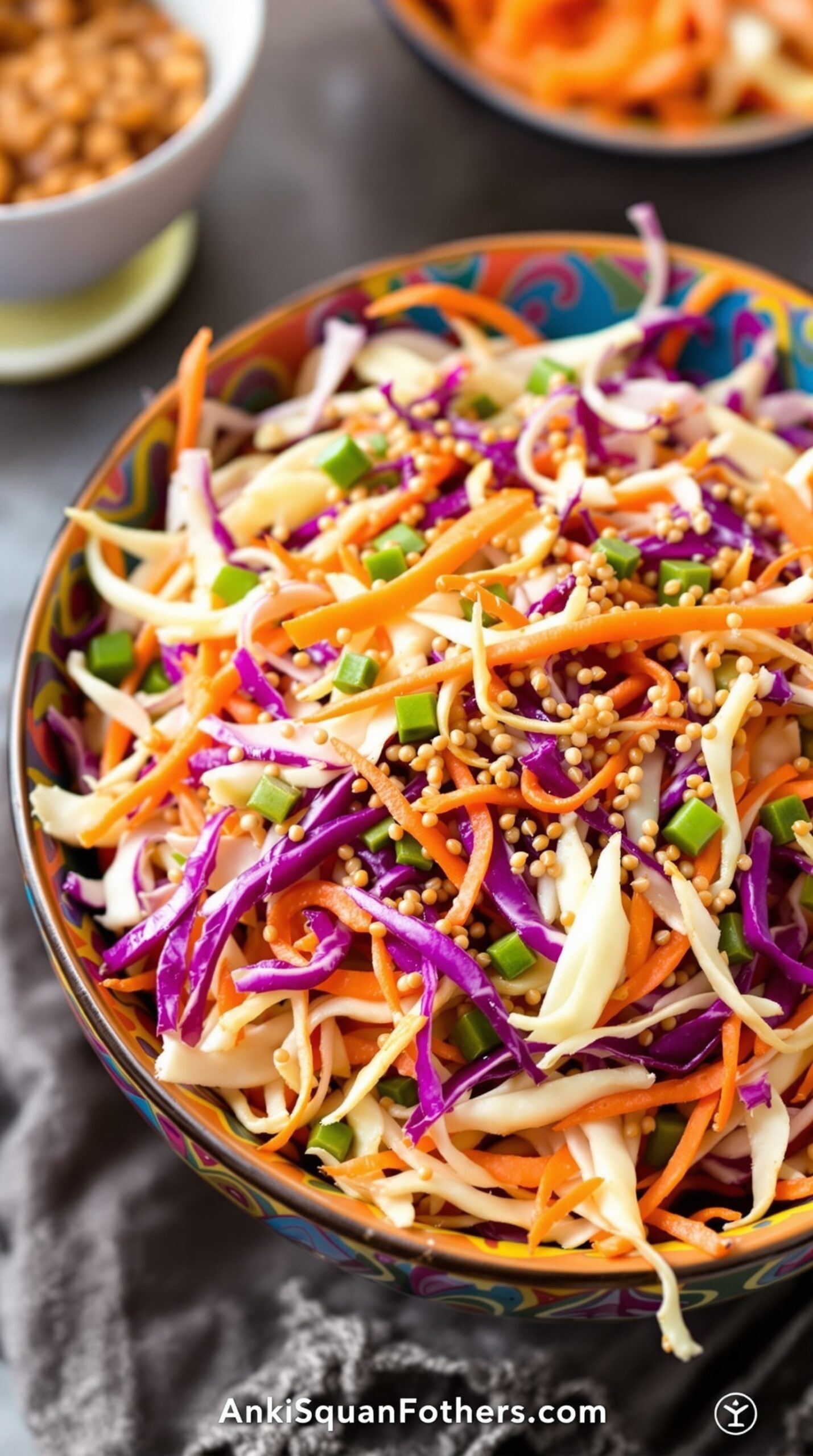 A colorful bowl of Asian Sesame Slaw with shredded cabbage, carrots, and sesame seeds.
