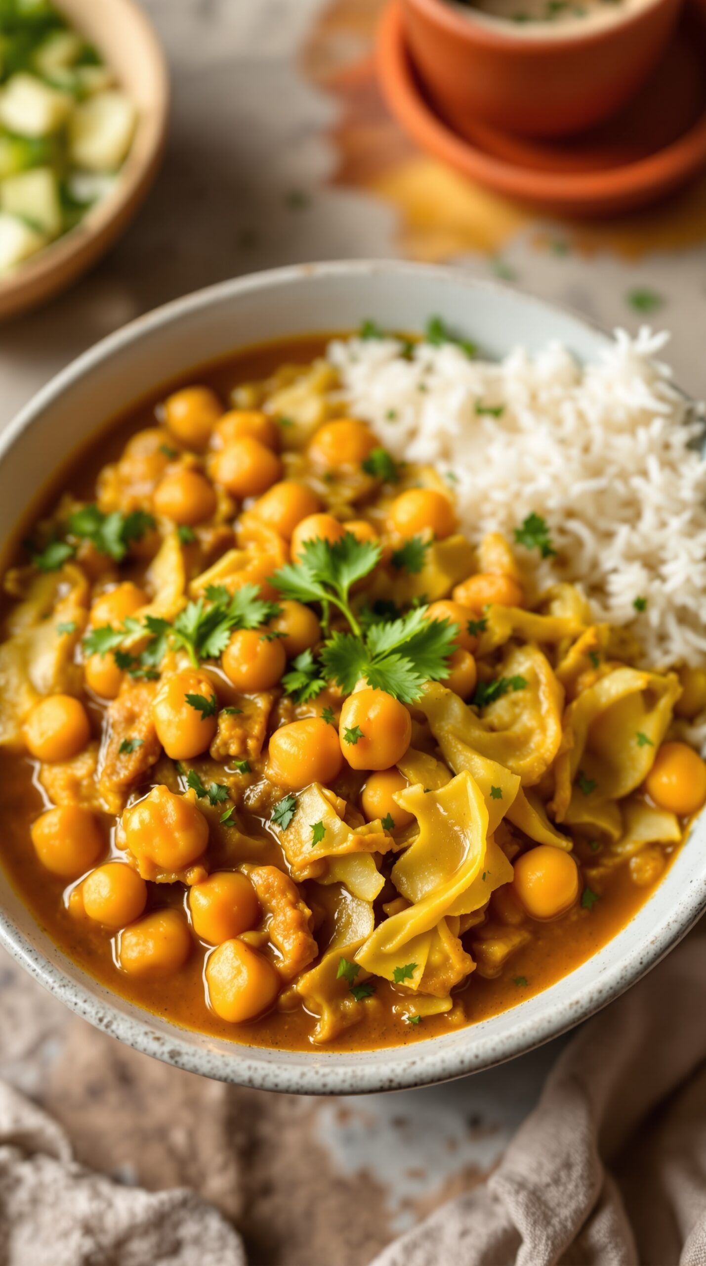 A bowl of cabbage and chickpea curry served with rice, garnished with cilantro.